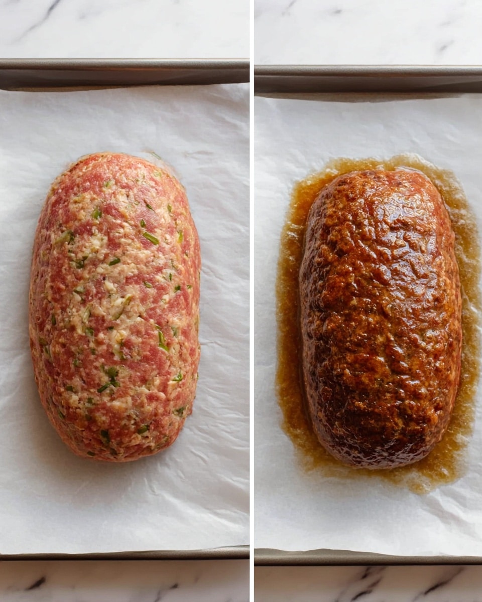 Two side-by-side images show a meatloaf before and after cooking, both placed on white parchment paper over a baking tray. On the left, the uncooked meatloaf is oval-shaped with a mixed color of pink, light brown, and small green bits, showing a rough but compact texture. On the right, the cooked meatloaf has a darker brown color with a shiny, slightly crispy surface and small bubbling juices around its edges, keeping the same oval shape but looking more firm. Both images sit on a white marbled surface. Photo taken with an iphone --ar 4:5 --v 7