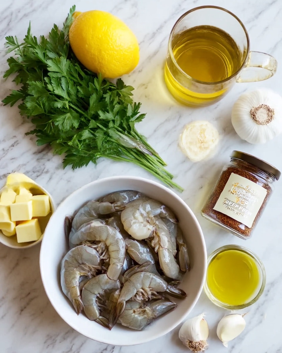 A white bowl filled with raw shrimp, grayish with darker colored tails, sits on a white marbled surface. Next to the bowl is a bunch of bright green parsley, a yellow lemon, and a glass mug with light golden liquid. Around these are small containers holding pale yellow butter cubes, olive oil with a rich golden hue, a few cloves of white garlic, and a small jar labeled