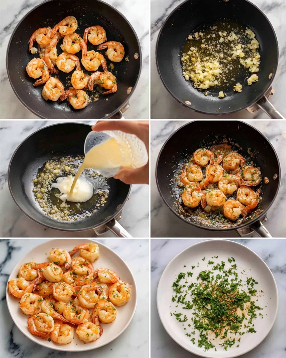 The set of six images shows a step-by-step shrimp dish preparation on a white marbled surface. The first image features cooked shrimp with an orange-pink color in a black pan. The second image shows minced garlic sizzling in a black pan with oil, the small pieces are golden. The third image captures a liquid being poured into the pan with the garlic. The fourth image has a woman's hand pouring a creamy white sauce into the pan with the sautéed garlic. The fifth image shows the cooked shrimp plated on a white plate, the shrimp are shiny and look seasoned. In the last image, shrimp are back in the black pan covered with a green garnish that looks like chopped parsley. The scene is bright with clear details, photo taken with an iphone --ar 4:5 --v 7