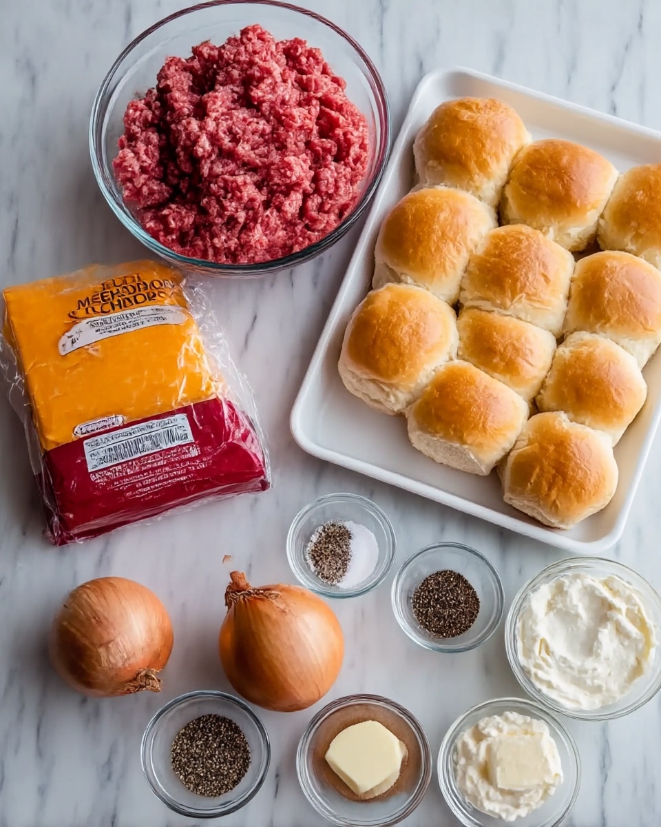 A top view of ingredients placed on a white marbled surface: a large clear glass bowl filled with raw ground meat on the left, next to a packet of medium cheddar cheese with an orange and red wrapper in the center. To the right, there is a white tray holding nine soft golden brown dinner rolls arranged in three rows. In front of the meat, small white bowls contain ground black pepper, white salt, and granulated garlic, with a whole light brown onion laid beside them. There is also a small clear dish with softened butter and another clear bowl filled with thick white sour cream. A small wooden bowl with fine black pepper sits in front of the rolls. The setting shows a clean and organized display of raw ingredients photo taken with an iphone --ar 4:5 --v 7