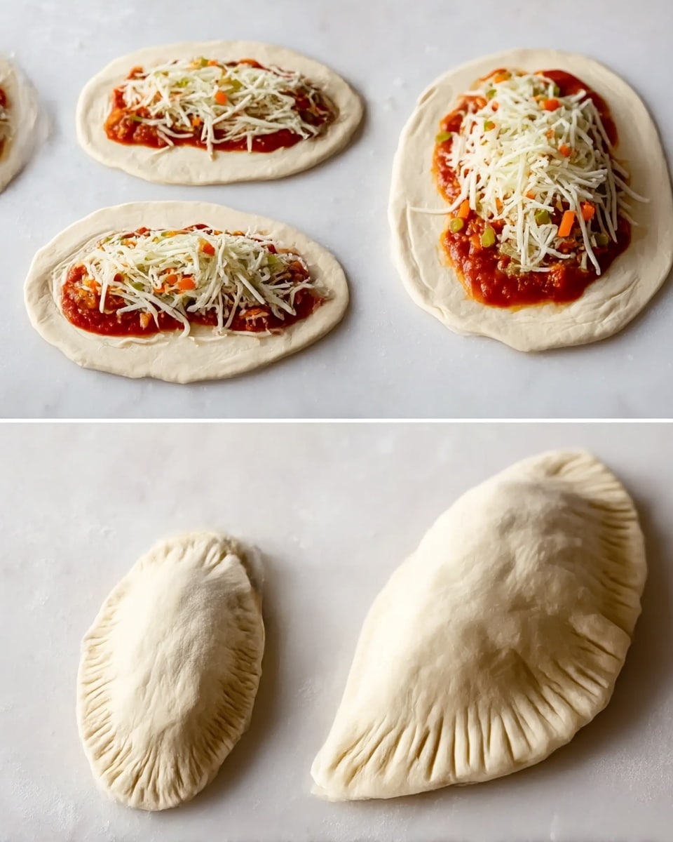 The first image shows four flat, oval-shaped dough pieces laid out on a white marbled surface. Each piece has two visible layers: a bottom dough layer with a light cream color and a top layer of red tomato sauce spread unevenly over half of each oval. On top of the sauce, there is a layer of shredded white cheese and small green and orange vegetable bits sprinkled over the cheese. The second image focuses closely on one folded dough piece, showing the dough folded over the filling to create a half-moon shape with textured edges pressed down with a fork to seal it. The dough is smooth and light cream color, resting on the same white marbled surface. photo taken with an iphone --ar 4:5 --v 7