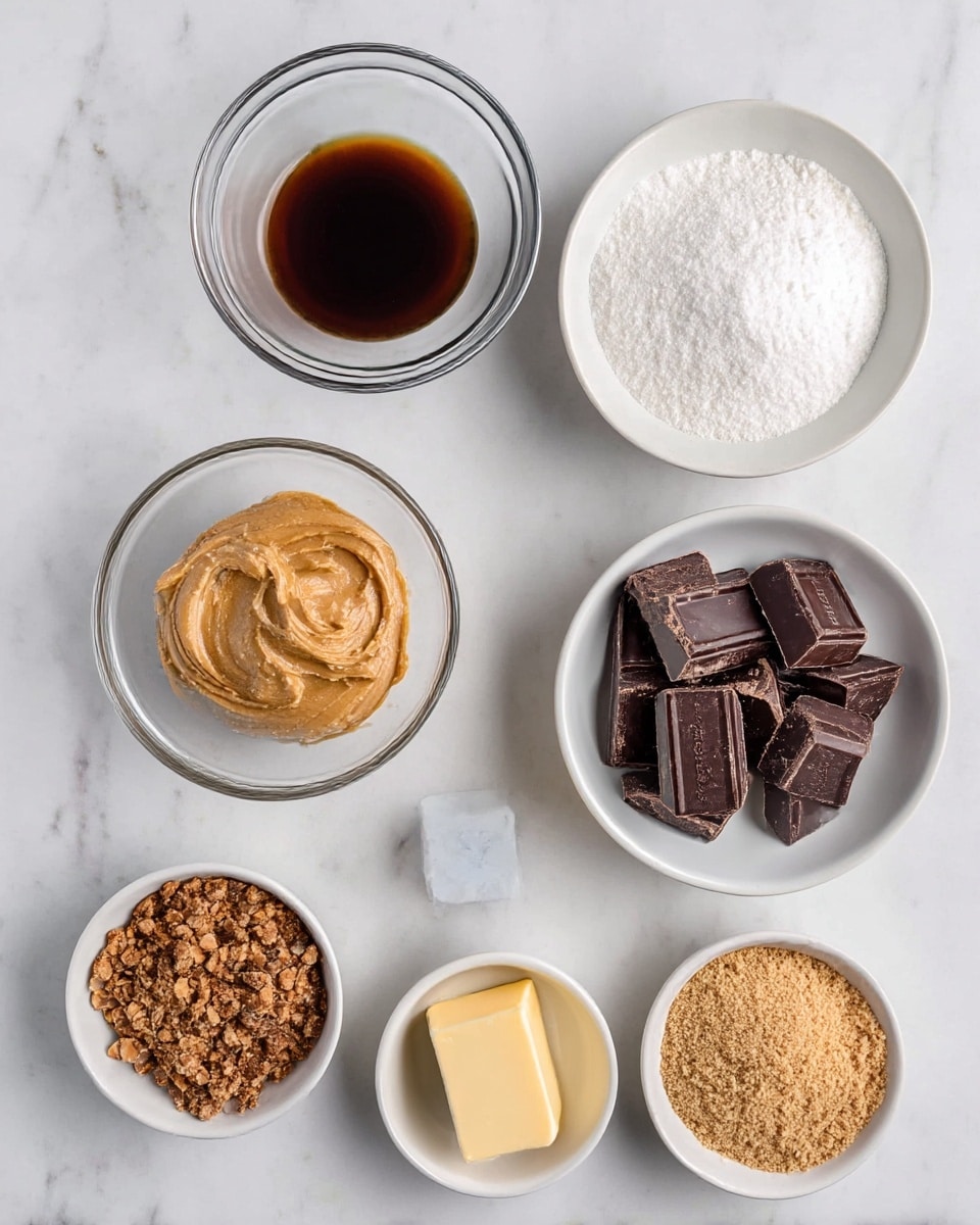 The image shows seven small bowls and dishes arranged on a white marbled surface. At the top left, there is a small clear glass bowl filled with a dark brown liquid. To its right, there is a white bowl filled with white powdered sugar. Below the liquid, on the left side, sits a white bowl filled with creamy light brown peanut butter. In the center right, a clear glass bowl holds several large dark brown chocolate chunks. Near the center bottom, a small white bowl contains a light yellow stick of butter. At the bottom left of the image is a white bowl with crushed brown pieces, and to its right is another white bowl filled with light brown fine crumbs. photo taken with an iphone --ar 4:5 --v 7
