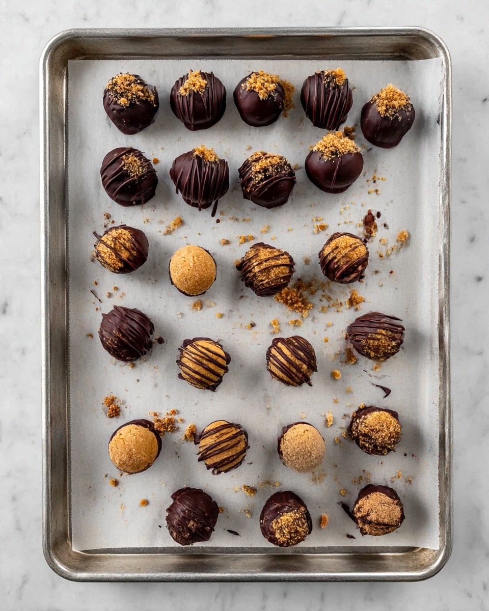 A metal baking tray lined with parchment paper holds 20 round chocolate-covered treats arranged in four rows. The top row contains five balls covered in dark chocolate drizzled with more chocolate and topped with light brown crunchy crumbs. The second row has four dark chocolate balls drizzled with chocolate but plain on top. The third row shows five balls with a golden brown center partially covered in dark chocolate and lightly drizzled with chocolate. The fourth row has six balls mostly coated in dark chocolate, some topped with light brown crumbs, and some plain. Crumbs and small chocolate drizzles are scattered around the treats on the parchment. The tray is set against a white marbled surface. Photo taken with an iphone --ar 4:5 --v 7