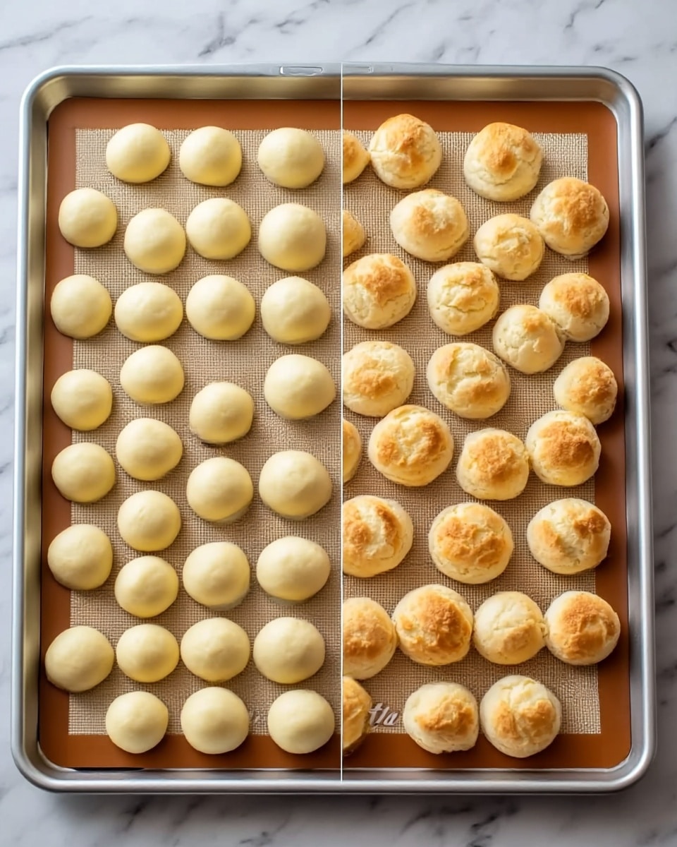 The image shows two side-by-side photos of a baking tray lined with a baking mat on a white marbled surface. On the left side, there are 24 small, round dollops of smooth, pale yellow dough neatly spaced in a 4 by 6 grid. On the right side, the dough has risen into 24 light golden-brown, puffed pastries with a slightly cracked, textured top and a soft, airy look. The tray is silver and rectangular, with the baking mat having a beige border and the word