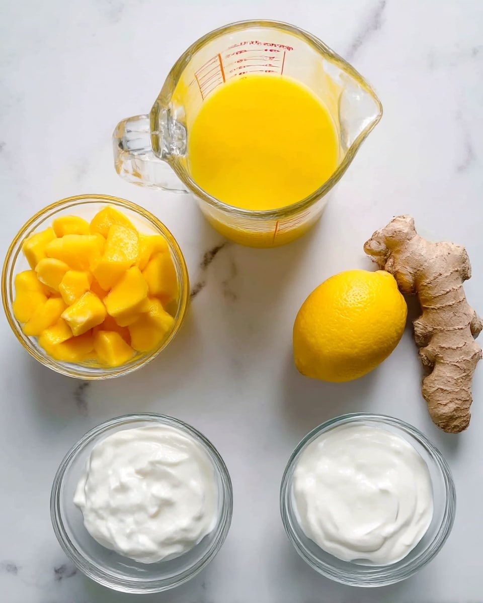 The image shows five ingredients arranged neatly on a white marbled surface. In the upper center, there is a clear glass measuring jug filled with bright yellow liquid, likely juice. To the right of the jug, there is a whole yellow lemon. Below the lemon, there is a piece of raw ginger root with a rough brown skin. To the left of the ginger, there is a glass bowl filled with bright yellow mango chunks. Below the measuring jug and left of the mango bowl, there is another glass bowl with white creamy yogurt. All containers are clear glass and placed separately so each ingredient is easy to see. Photo taken with an iphone --ar 4:5 --v 7