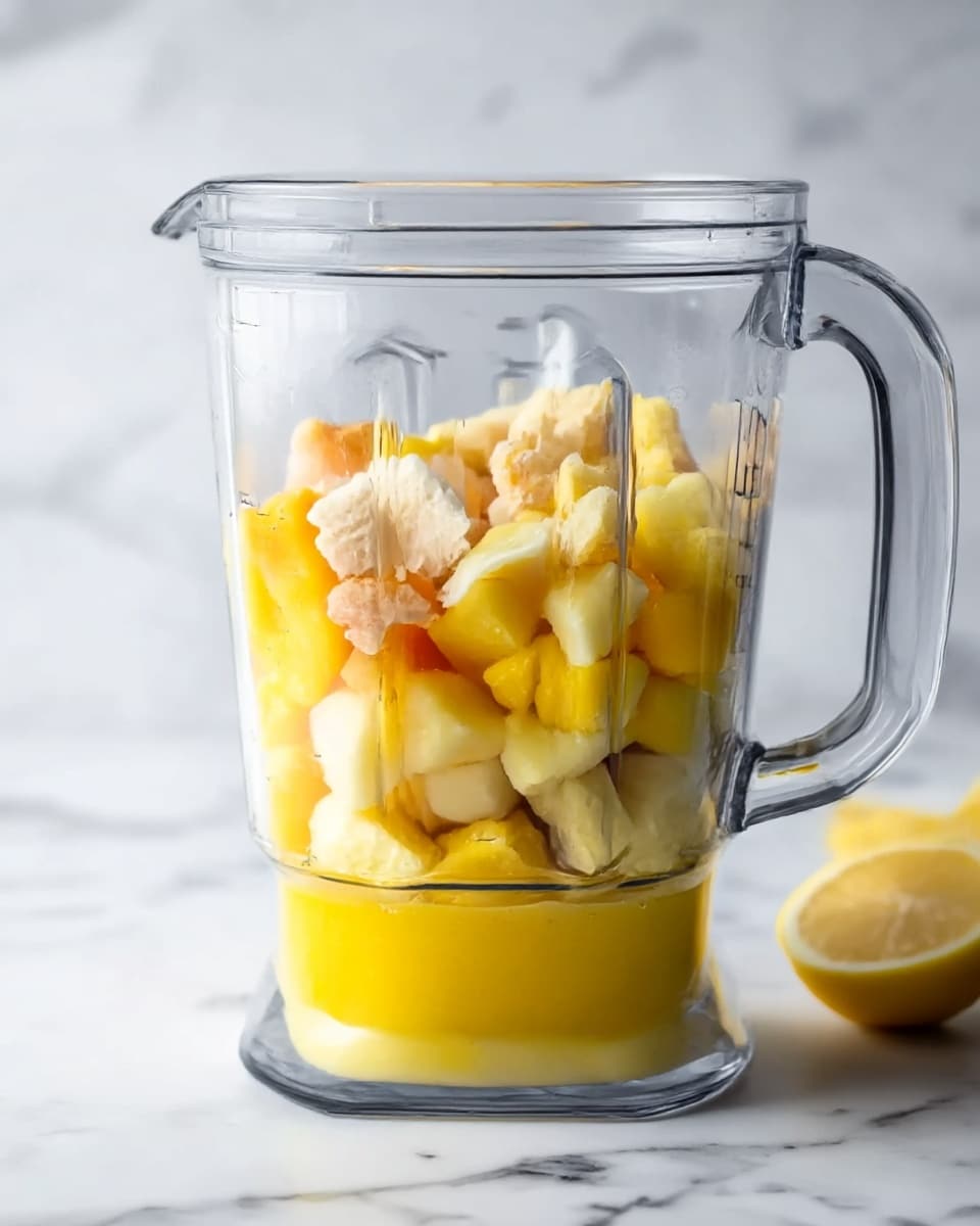 The image shows a clear blender pitcher from two angles on a white marbled surface. Inside the blender, there are three layers of fruit pieces: the bottom layer is smooth and bright yellow, the middle layer consists of larger, chunky yellow pieces, and the top layer has irregular, pale yellow and light orange fruit pieces. Small bits of a light beige ingredient are also visible mixed in at the top. The right side view of the blender shows the same three layers with a clear handle on the right side, and a wedge of lemon placed near the background on the marbled surface. Photo taken with an iphone --ar 4:5 --v 7