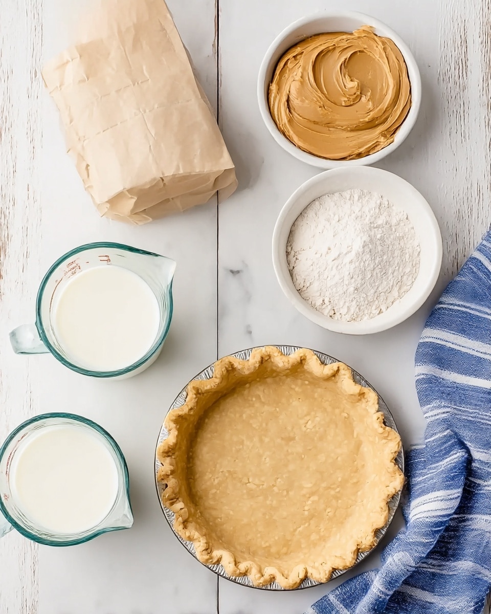 The image shows a flat white marbled surface with baking ingredients neatly arranged. In the bottom center, there is a single empty pie crust with a golden, slightly rough texture and crimped edges. Above it, from left to right, there is a beige paper bag, a white bowl filled with smooth, tan peanut butter, and a white bowl holding a heap of fine white powder. Below that row, there are two clear glass measuring cups filled with milk, one on the left and one in the middle right. A blue and white striped cloth is folded and placed on the bottom right corner. The overall layout is clean and simple, with a natural light setting. Photo taken with an iphone --ar 4:5 --v 7