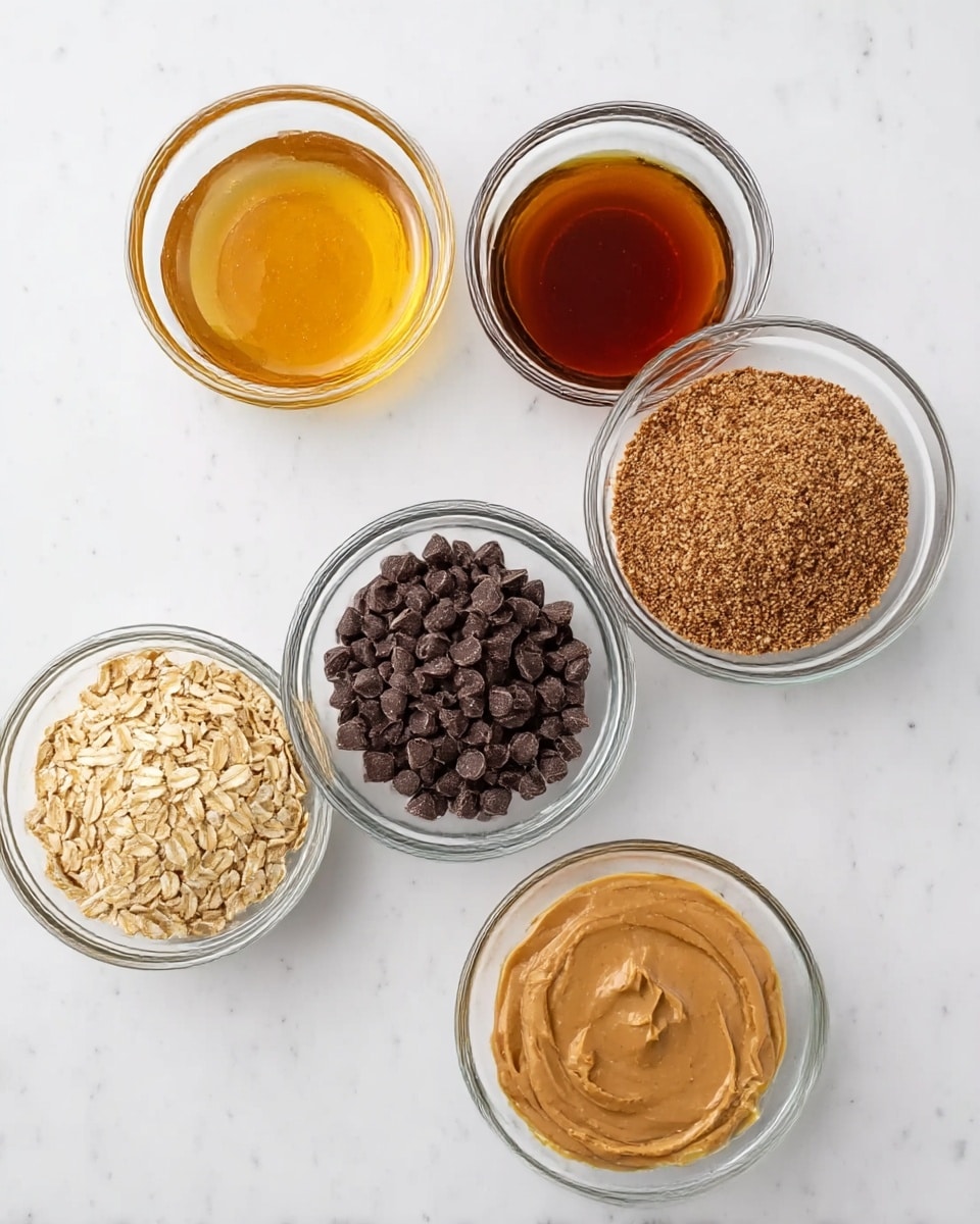 The image shows six clear glass bowls arranged on a white marbled surface, each containing a different ingredient. From the top left in a circular formation, there is a bowl with light golden honey, followed by a bowl with dark amber liquid, and next to it a bowl filled with fine brown flaxseed meal. Below these, at the bottom right is a bowl filled with smooth light brown peanut butter. At the bottom left is a bowl filled with light tan rolled oats, and in the center above it, a bowl filled with small dark brown chocolate chips. The bowls are evenly spaced and the scene is well-lit to show the colors and textures clearly photo taken with an iphone --ar 4:5 --v 7