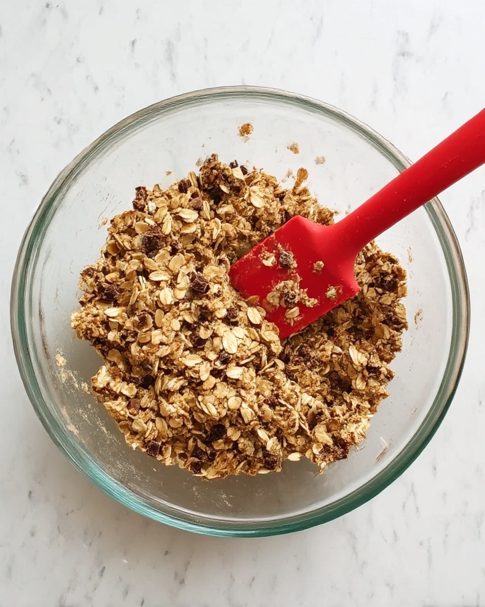 A clear glass bowl filled with a mixture of oats and small dark chunks, which looks sticky and clumpy. The mixture has different shades of brown and beige, showing the oats and the darker bits evenly spread throughout. A red spatula is resting inside the bowl, partially covered with the mixture. The background is a white marbled texture. photo taken with an iphone --ar 4:5 --v 7