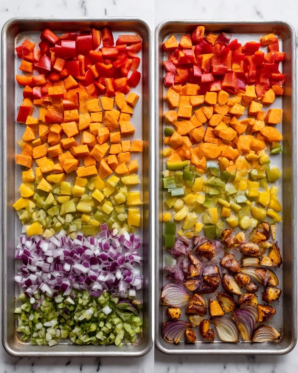 The image shows two metal baking trays placed side by side on a white marbled surface. On each tray, there are five neat horizontal rows of chopped vegetables laid out without overlapping. From top to bottom, the layers are small chopped red bell peppers, medium-sized orange sweet potato cubes, small yellow squash pieces, diced green bell peppers, and finely chopped purple onions. The left tray displays the vegetables raw with bright, fresh colors: vibrant red, orange, yellow, green, and purple. The right tray shows the same vegetables after roasting, with darker, slightly shriveled textures and golden brown edges, especially on the sweet potatoes and onions, giving a cooked look to the same five-layer arrangement. photo taken with an iphone --ar 4:5 --v 7