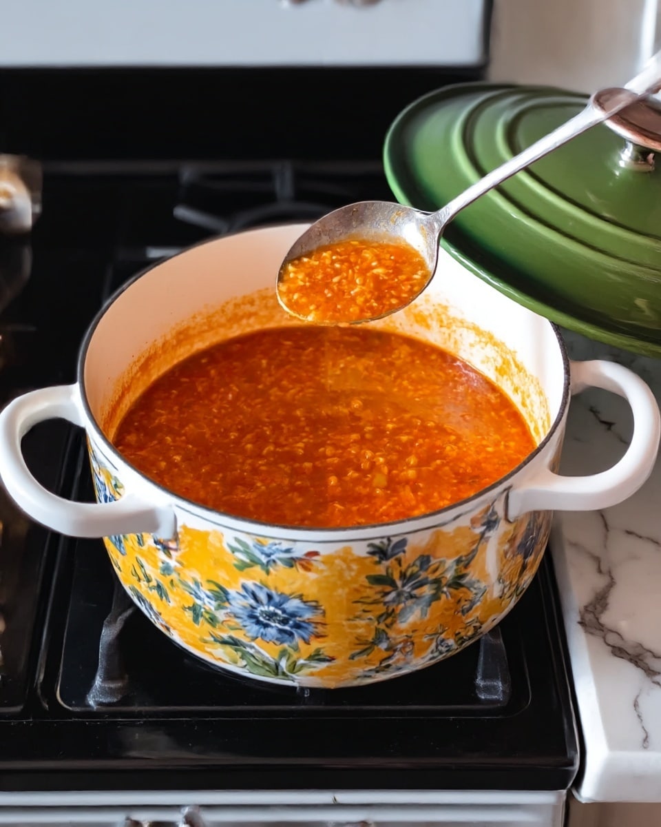 The image shows a white pot with large bright floral patterns in yellow, blue, and green. The pot has white handles on both sides and a green lid with a handle, which is partially open. Inside the pot is a thick orange-red soup with what looks like lentils or small grains, visible from above. A silver spoon is scooping some of the soup from the pot. The pot is sitting on a black stovetop with white marbled texture around it. Photo taken with an iphone --ar 4:5 --v 7