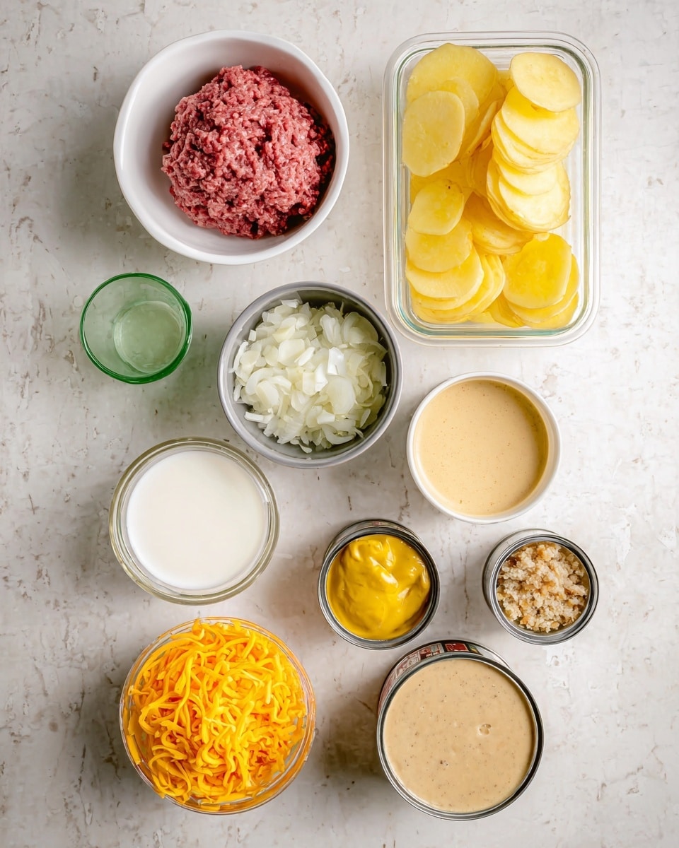 The image shows nine containers with different food ingredients placed on a white marbled surface. At the top right, there is a clear rectangular container filled with thin, yellow potato slices submerged in liquid. To its left, a white bowl holds raw ground meat in a pinkish red color. Below the meat, a gray bowl contains finely chopped white onions. At the bottom left, a white bowl is filled with bright orange shredded cheese. In the middle right, a small clear green cup contains white milk. Below it are two open cans, one filled with a smooth light beige sauce and the other with a thicker beige sauce with visible dark bits. Just above these cans, a small dark cup holds yellow mustard, and a tiny white bowl in the center contains a minced light brown mixture. All items are arranged neatly and clearly visible with no overlap photo taken with an iphone --ar 4:5 --v 7