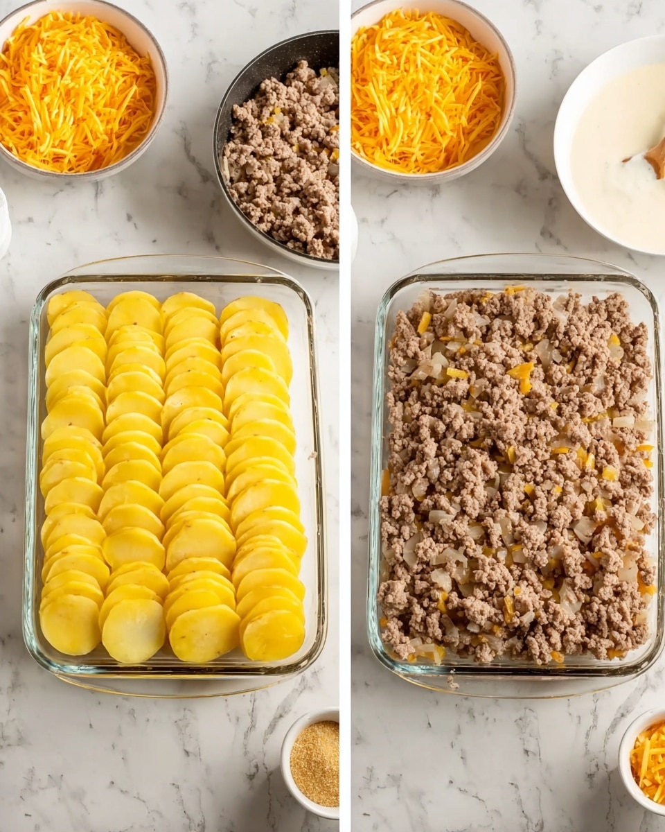 A clear glass rectangular dish is placed on a white marbled surface, shown in two images side by side. The left image shows the bottom layer of thin yellow potato slices neatly arranged in an overlapping pattern, filling the dish. Next to the dish, there is a small white bowl filled with bright orange shredded cheese, a frying pan with cooked ground meat, and a white bowl containing a creamy white sauce. The right image shows the same glass dish with the potato layer now fully covered by an even layer of crumbled cooked ground meat, light brown in color with some small bits of onion mixed in. The background and surrounding objects stay the same in both images. Photo taken with an iphone --ar 4:5 --v 7