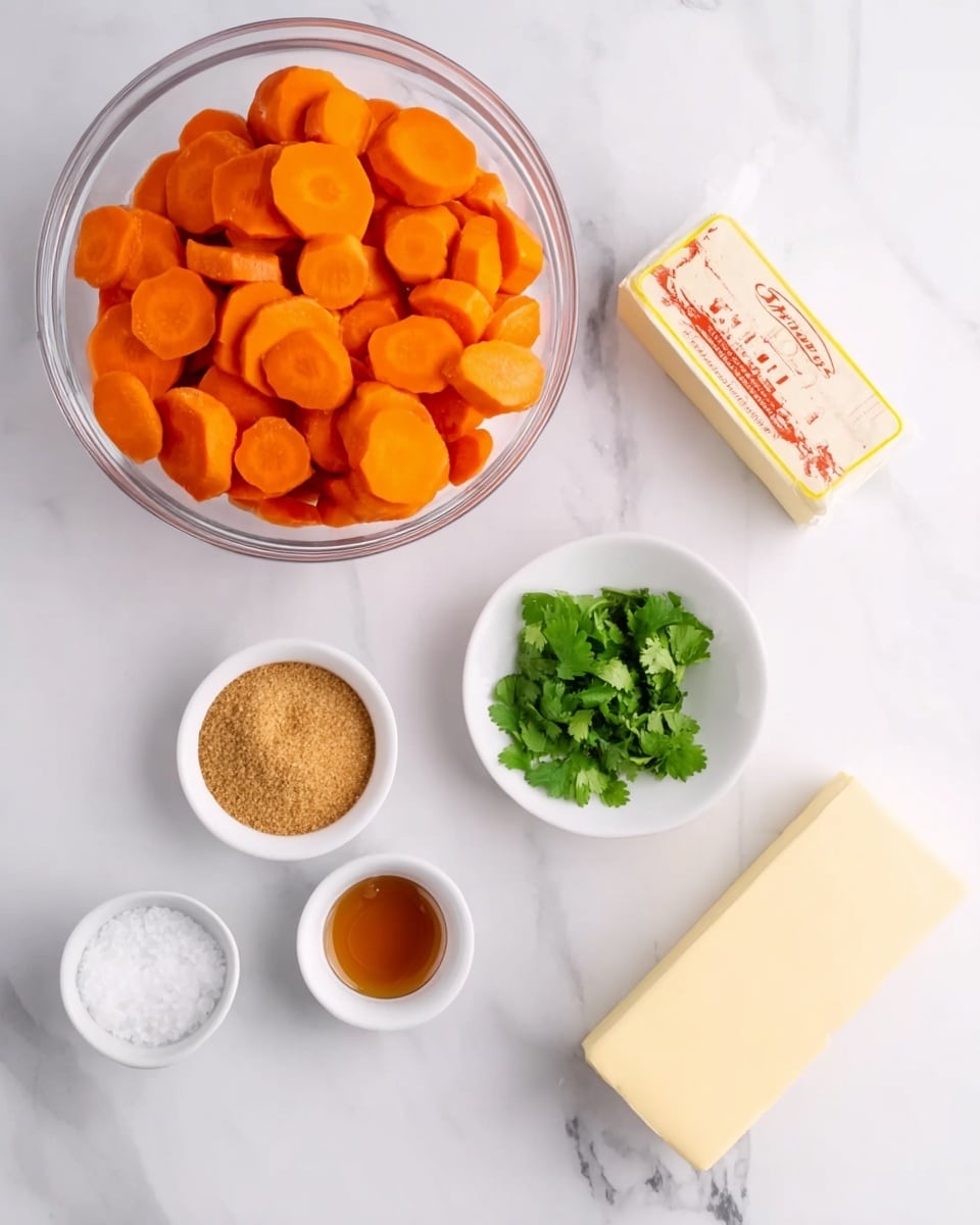 A clear glass bowl filled with bright orange carrot slices takes up the bottom left area. Around it, on a white marbled surface, there are several small white bowls: one contains light brown sugar granules, another holds fresh green cilantro leaves, a small one has coarse salt, and another small white container holds amber-colored honey. A pale yellow rectangular stick of butter with a red and yellow label lies at the top right. The scene is bright and clean with a white marbled background and a woman's hand partially visible at the edge. photo taken with an iphone --ar 4:5 --v 7