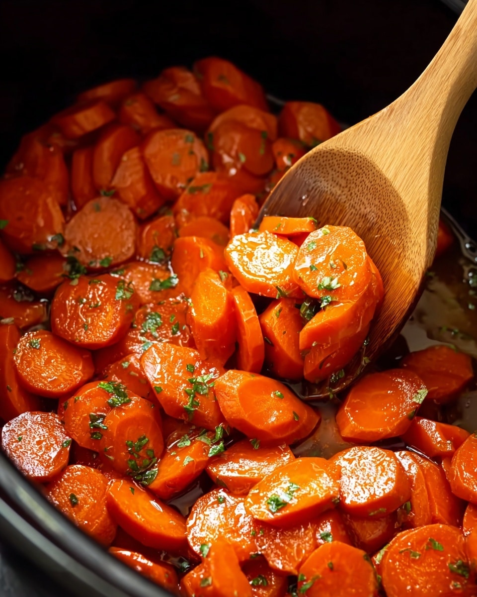 The image shows a close-up of a black pot filled with bright orange cooked carrot slices, some coated in a shiny glaze with small green herb pieces sprinkled on top. A wooden spoon is scooping some of the carrots, showing their soft texture and glossy surface. The scene has a warm, inviting look, focusing closely on the vibrant colors and shine of the carrots as they sit in a light sauce. The background is not visible except for the black pot edges. photo taken with an iphone --ar 4:5 --v 7