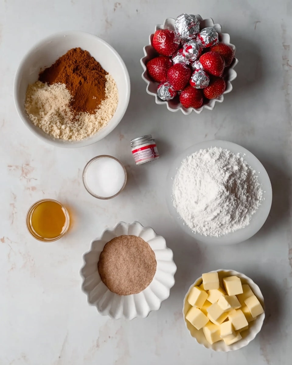 A top view of several white bowls and small containers arranged on a white marbled surface; one large bowl has three layers of dry ingredients with a light tan flour base, a reddish-brown powder on one side, and a white powder mixed in; another bowl contains packed light brown sugar with white salt or powder on one side; a similar sized bowl holds plain white sugar; a scalloped white bowl is filled with red strawberries, some wrapped in silver foil; a small white bottle with a red label is near a fluted metal cup of golden honey and another of a bright yellow substance; lastly, there is a small white bowl filled with light yellow cubed pieces of butter; photo taken with an iphone --ar 4:5 --v 7