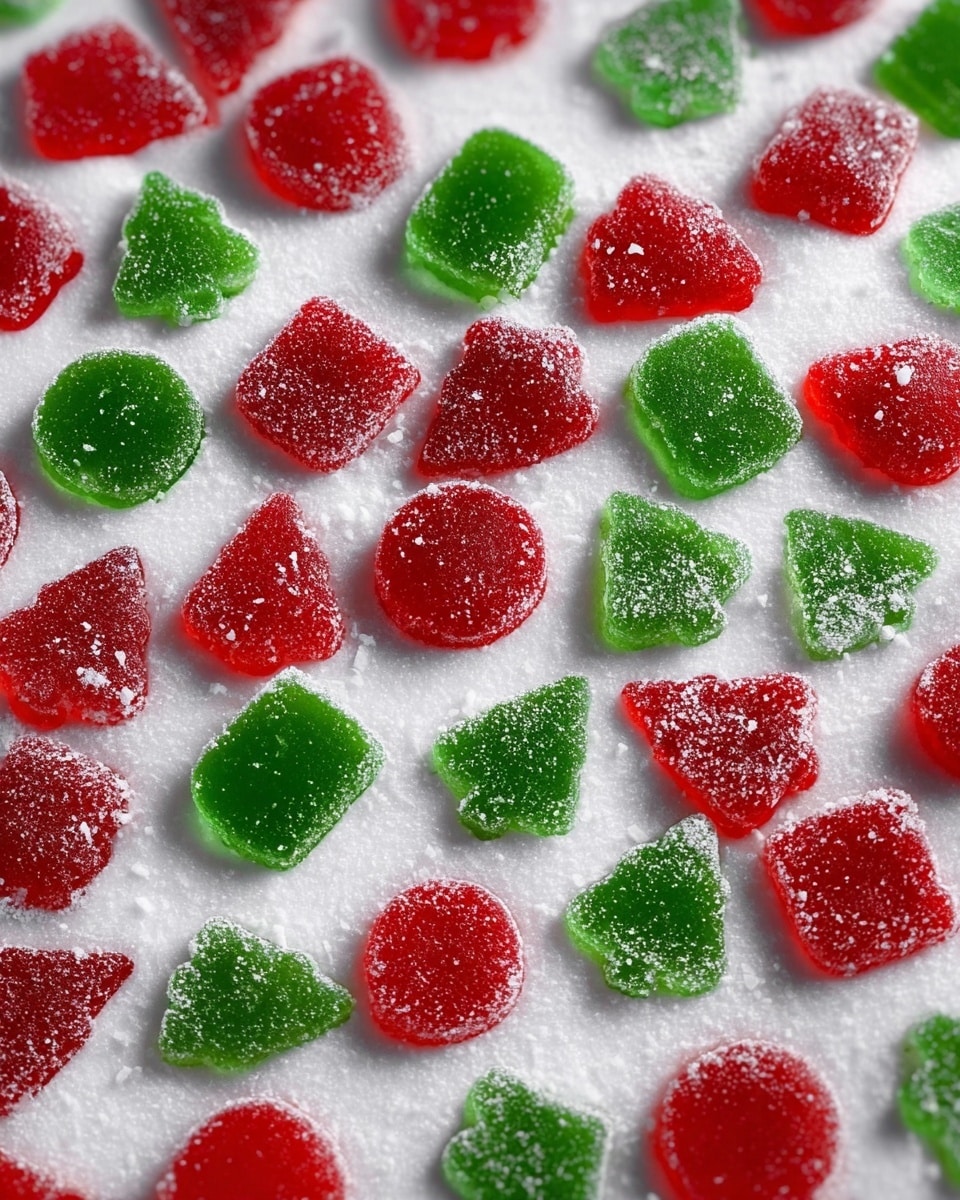 The image shows a close-up of many small red and green jelly candies, shaped like Christmas trees, hearts, and circles, spread out evenly on a white powdered sugar surface with a soft sugar texture. The red jelly shapes are glossy and translucent, and the green ones have a similar bright and shiny look. Each candy appears to have a sugar coating that adds a frosted effect, making them look sweet and festive. The white powdered sugar beneath provides a smooth, slightly powdery background with small sugar granules visible around the candies. photo taken with an iphone --ar 4:5 --v 7