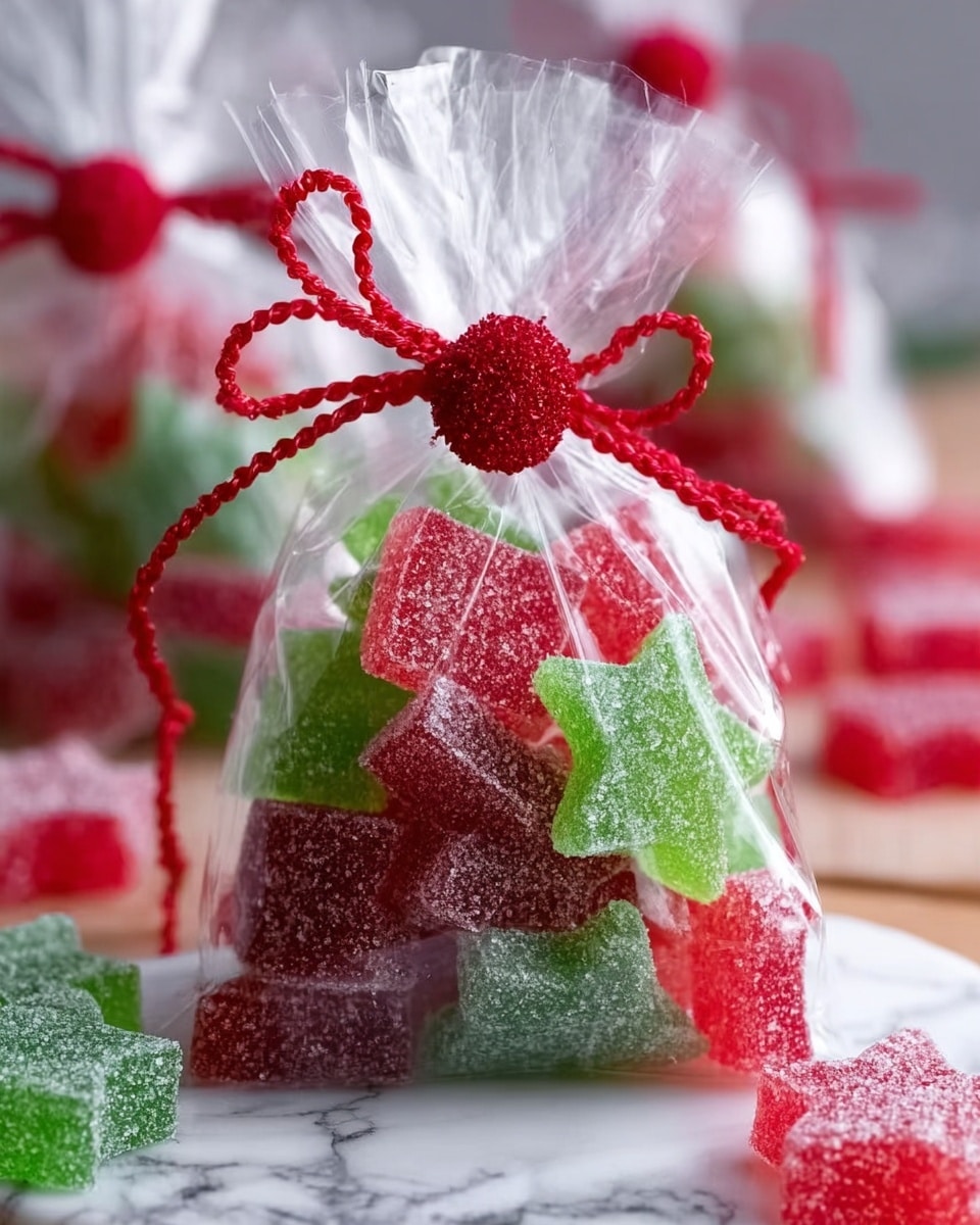 The image shows a clear plastic bag filled with sugar-covered jelly candies in red and green colors. The candies are cut into square and star shapes, stacked inside the bag, which is tied at the top with a red curly ribbon and has two fuzzy red balls attached near the twist. The background has a white marbled texture, and there are more similar bags and red jelly candies blurred in the distance. Photo taken with an iphone --ar 4:5 --v 7