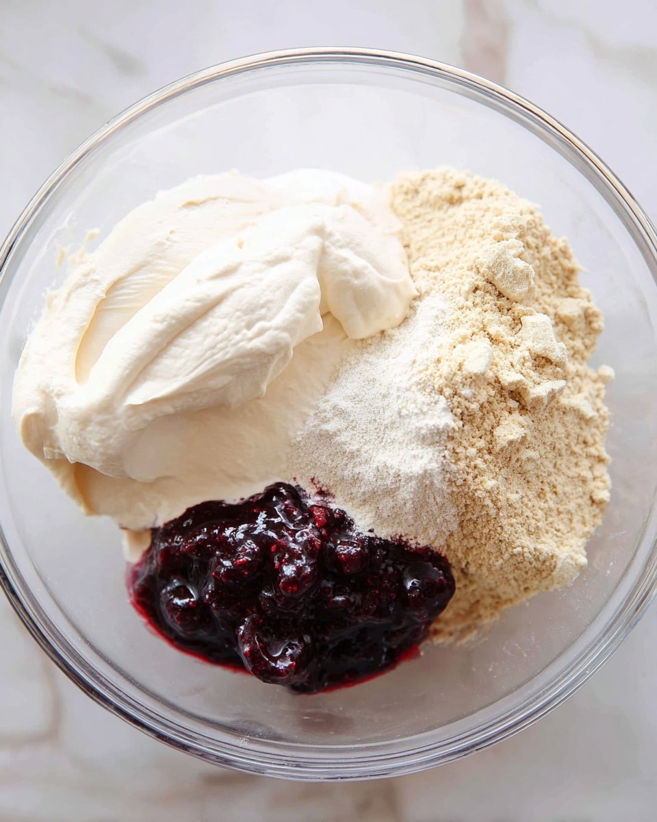 A clear glass bowl sits on a white marbled surface, holding four separate ingredients before mixing. The first layer is a pile of light beige powder with a slightly crumbly texture on the right side. Next to it is a smooth, creamy white substance with soft peaks on the top left. Below the cream, there is a glossy dark red jam with visible small bits of fruit, spreading irregularly. The last ingredient, positioned just above the jam and next to the powder, is another lighter beige powder, appearing finer and more compact. The layers are distinct and unmixed. Photo taken with an iphone --ar 4:5 --v 7