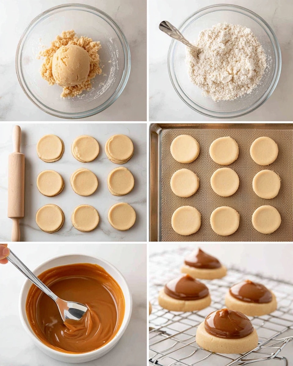 The image shows six steps of making cookies and decorating them. The first layer is a clear glass bowl with a white, crumbly dough. The second layer is the dough mixed to look smooth and clumpy in the same clear bowl. The third layer has a white marbled surface with rolled-out light beige dough and a rolling pin next to round dough shapes cut by a metal cutter. The fourth layer shows dozens of round light beige dough pieces placed neatly on a baking tray with a textured surface. The fifth layer is a white bowl filled with smooth, caramel-colored sauce with a silver spoon. The last layer shows a wire rack on the white marbled surface with round cookies topped by caramel-colored spread, and a spoon adding shiny chocolate spread on top of one cookie, held by a woman's hand. photo taken with an iphone --ar 4:5 --v 7