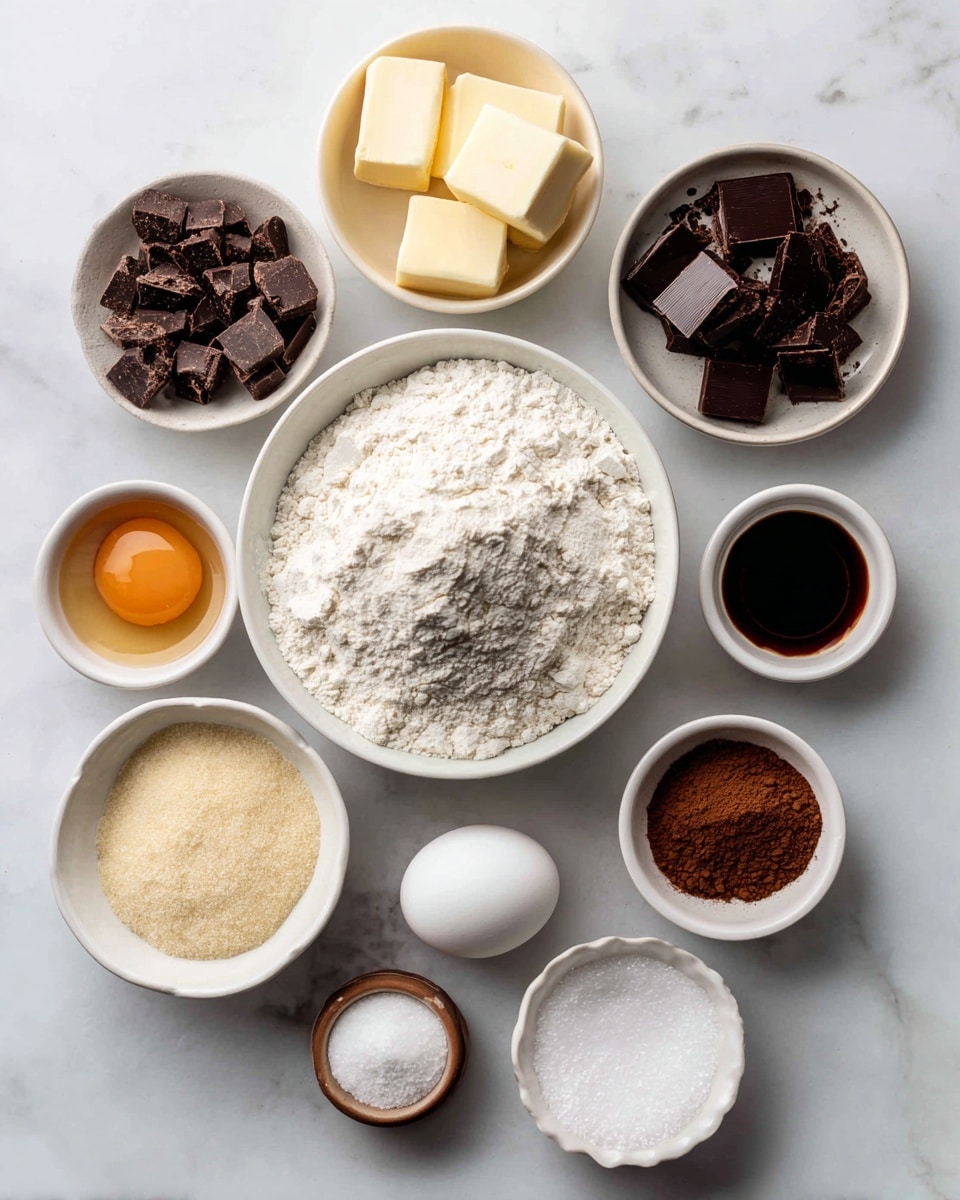 The image shows a flat lay of baking ingredients on a white marbled surface. In the center is a white bowl filled with white flour. Around it are smaller white bowls and dishes holding light brown sugar, dark brown chocolate chunks, light yellow butter, dark brown espresso powder, dark amber vanilla extract, white granulated sugar, two white eggs, white salt, and white baking soda. Each ingredient is neatly arranged in its own bowl or dish, with the colors and textures clearly visible. The setup is clean and organized, with soft natural lighting. photo taken with an iphone --ar 4:5 --v 7