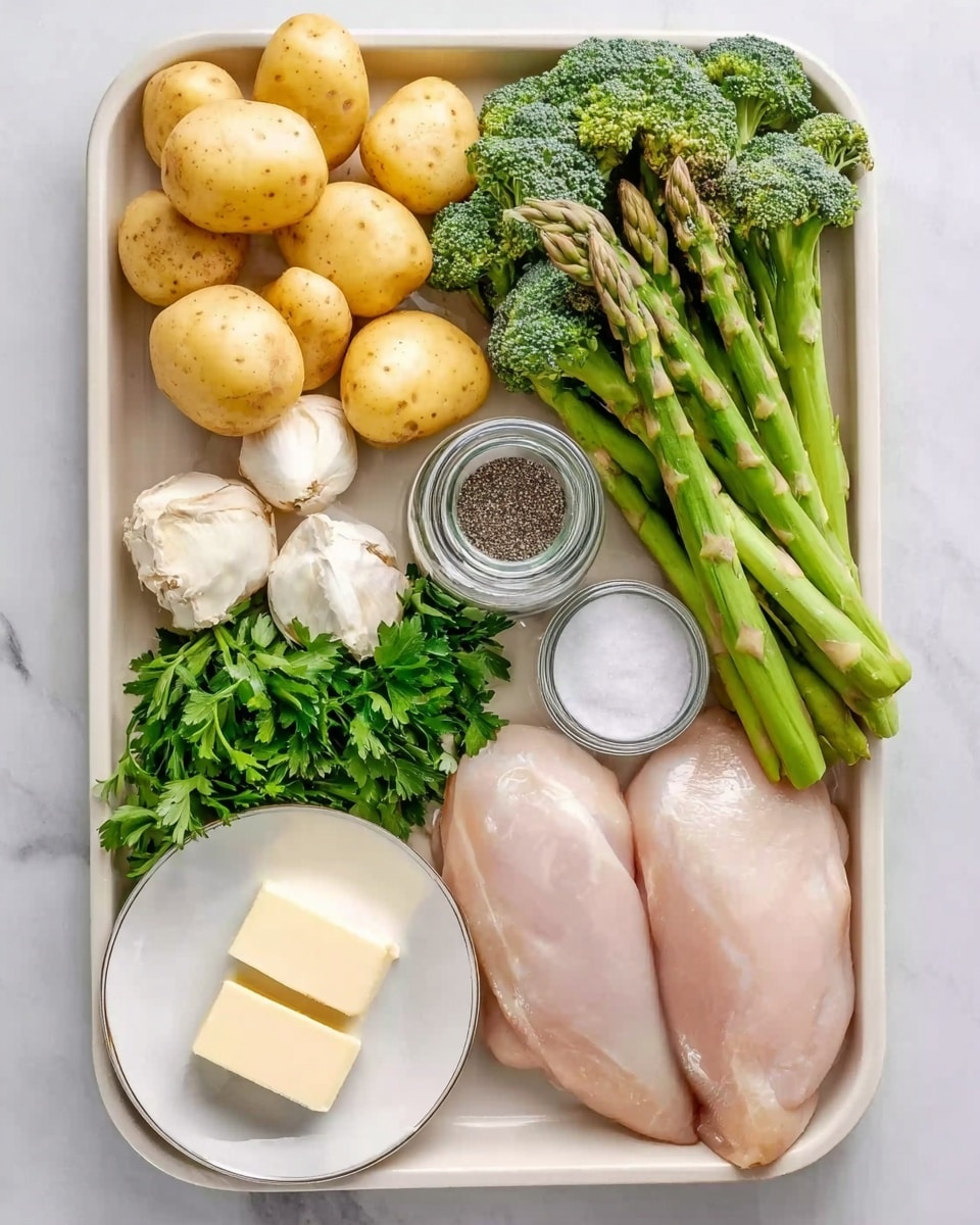 The image shows a white tray filled with fresh cooking ingredients arranged neatly: two raw chicken breasts placed at the bottom right, a glass jar of black pepper and a small round container of coarse salt positioned above the chicken, two sticks of butter on a white plate at the bottom left, a cluster of peeled garlic cloves nearby, a bunch of fresh green parsley in the bottom left corner, yellow baby potatoes filling the top left part, green broccoli heads on the top right, and a bundle of asparagus spears laid horizontally just above the chicken. The tray rests on a white marbled surface. photo taken with an iphone --ar 4:5 --v 7