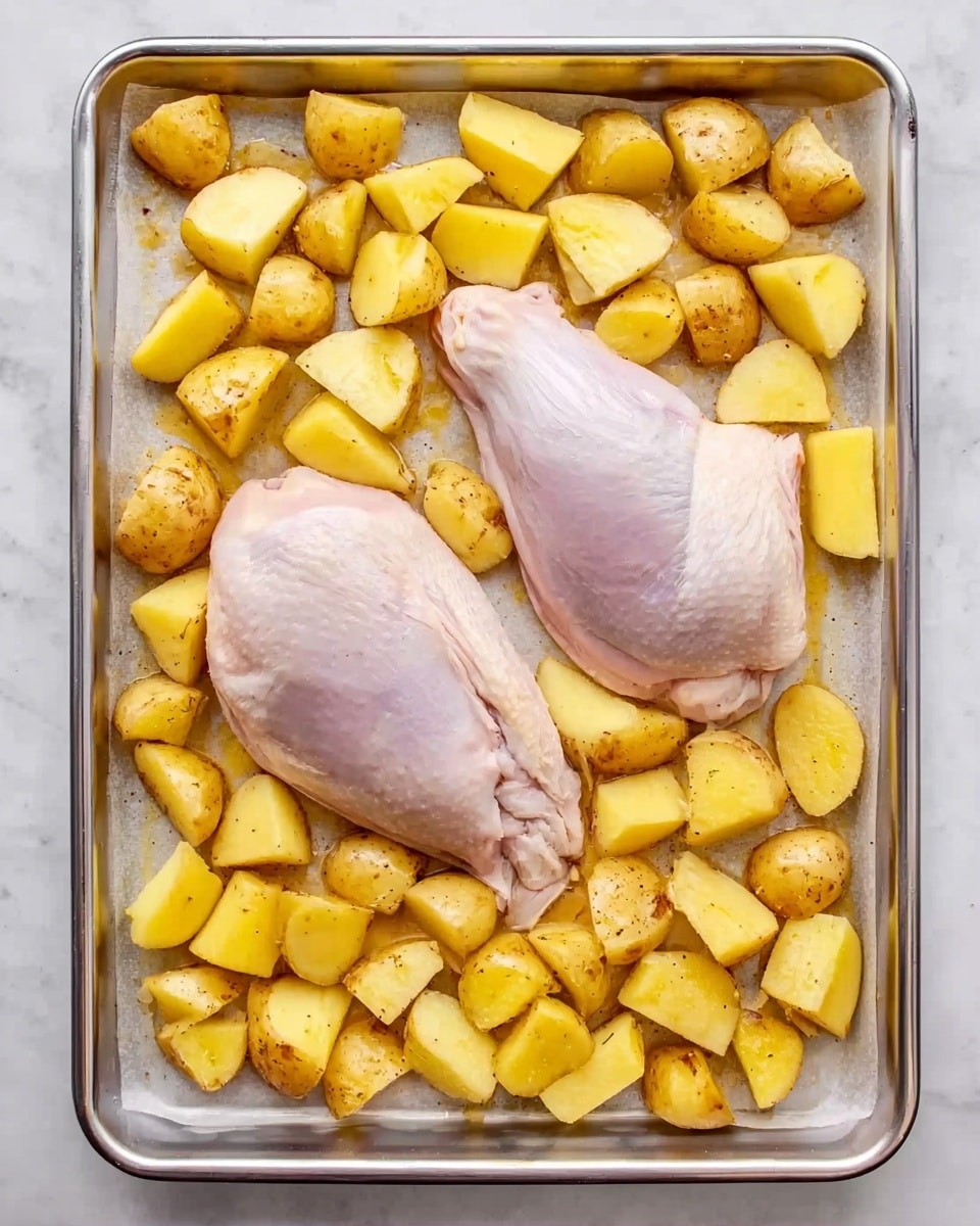 The image shows a silver baking tray lined with parchment paper, placed on a white marbled surface. On the tray, there are two large, raw chicken pieces in the center, pale pink in color with a smooth texture. Surrounding the chicken are many small, golden-yellow potato pieces cut into chunks, evenly spread around the meat. The potatoes have a slightly rough skin texture, and the arrangement looks ready for roasting. photo taken with an iphone --ar 4:5 --v 7