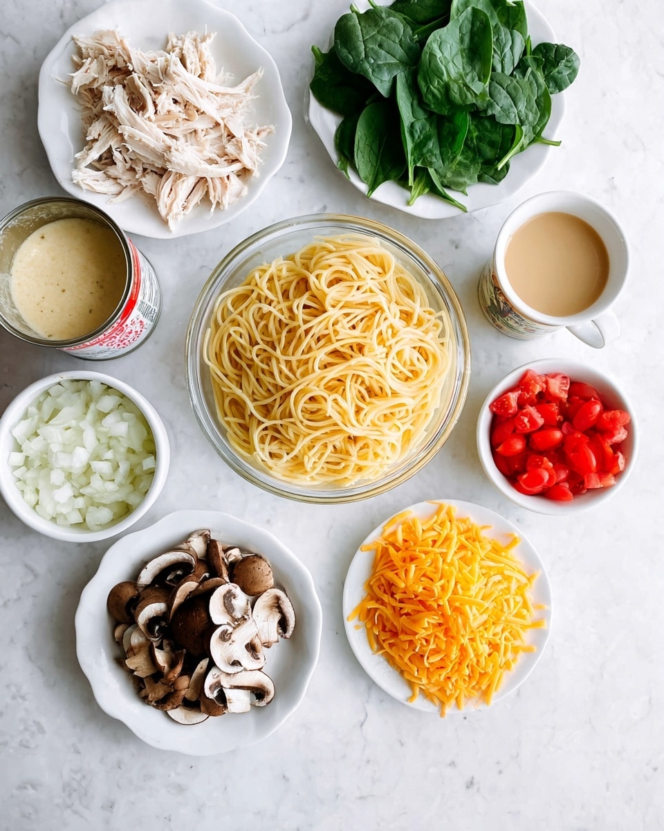 The image shows several white plates and bowls arranged on a white marbled surface. In the center is a clear glass measuring cup filled with cooked spaghetti, light yellow in color and piled loosely. To the left, a white plate holds shredded white meat. Above it, another white plate holds fresh green spinach leaves. To the right of the spaghetti, a large white plate has a heap of shredded bright orange cheddar cheese. Below it, a white plate contains slices of dark brown cooked mushrooms. Next to the mushrooms, a white bowl has diced red tomatoes. A small white bowl nearby holds chopped white onions. There are two cans, one open with a pale yellow creamy substance visible and the other closed labeled as cream of chicken soup, placed beside the cheese plate. Behind the spaghetti is a small white cup filled with light brown liquid. Photo taken with an iphone --ar 4:5 --v 7