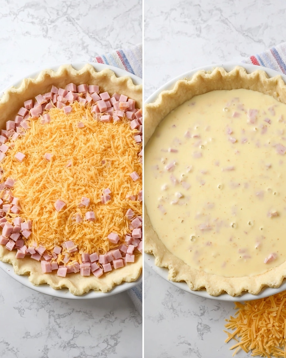 The image shows a side-by-side view of a white pie dish on a white marbled surface. On the left, the pie crust is filled with small pink cubes of ham spread evenly on the bottom layer, topped with a thick layer of shredded orange cheddar cheese scattered all over in an even manner. On the right, the same pie dish shows the same crust and visible ham cubes under a creamy, light yellow mixture, filling the dish to the crust edges, creating a smooth surface with some small bubbles. Some shredded cheese pieces are scattered near the edge of the dish on the marbled surface. Photo taken with an iphone --ar 4:5 --v 7