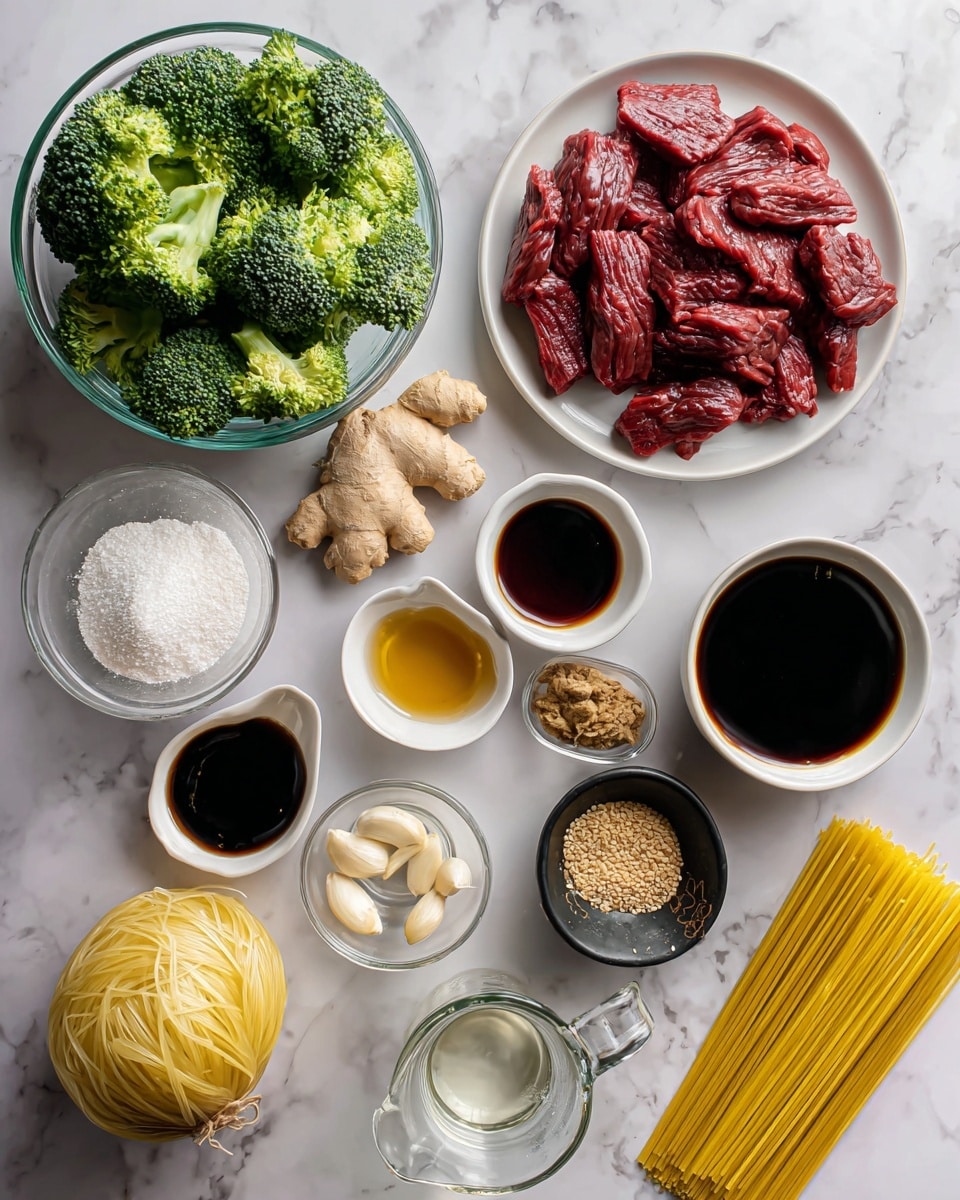The image shows ingredients neatly arranged on a white marbled surface, including a clear glass bowl filled with bright green broccoli florets at the top left, a round white plate in the center holding raw red steak strips, surrounded by small white bowls containing dark brown oyster sauce, light golden honey, and amber sesame oil. A small black bowl with white cornstarch, a whole garlic bulb, and a transparent measuring cup with dark soy sauce are placed nearby. A small glass with clear rice vinegar, a small white ramekin with light brown ground ginger, and a piece of fresh ginger root are also visible. Yellow uncooked noodles sit inside a clear glass container at the bottom left, and a whole white onion lies next to them. The ingredients are spread evenly with clear labels identifying each item. Photo taken with an iphone --ar 4:5 --v 7