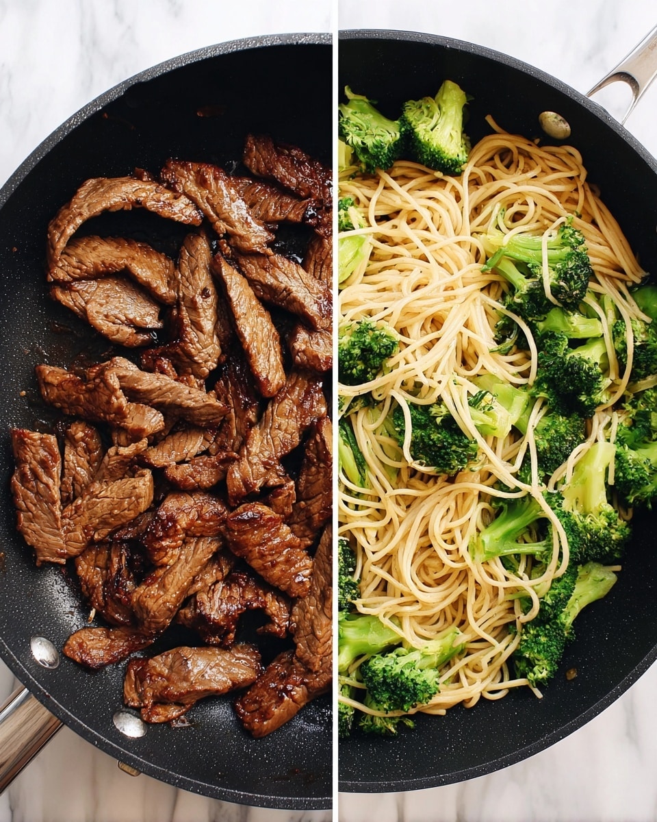 The left side of the image shows a black frying pan with several cooked brown strips of meat, glossy and slightly charred, arranged loosely in the pan. The right side shows another black frying pan filled with light yellow cooked spaghetti noodles mixed with bright green broccoli florets evenly spread throughout. Both pans rest on a white marbled surface. Photo taken with an iphone --ar 4:5 --v 7