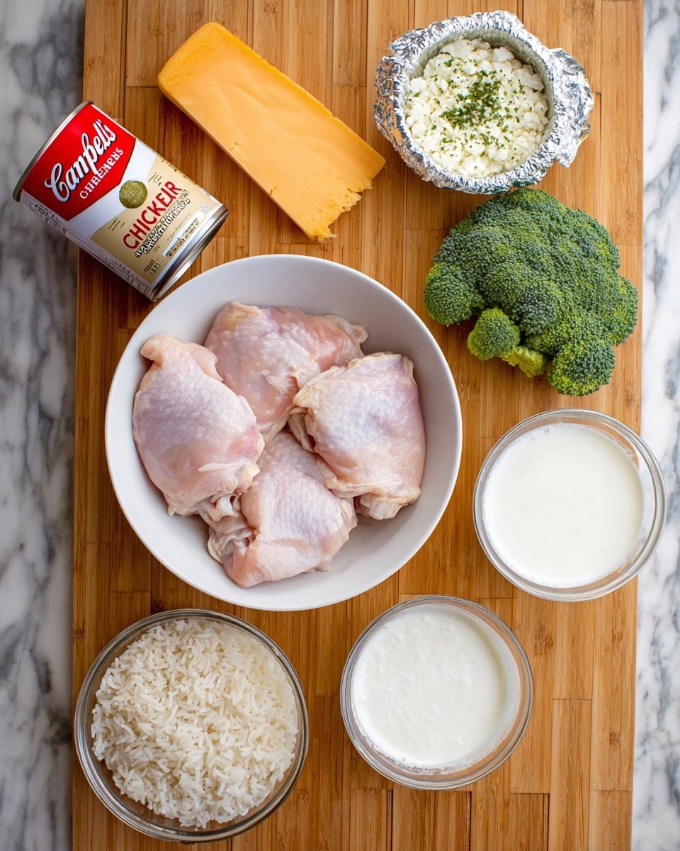 The image shows raw chicken thighs placed in a white bowl in the middle of a wooden surface with a grid pattern. Surrounding the bowl are different ingredients: a block of orange cheese on the top left, a round aluminum foil cup holding soft white cheese with green herbs on the top center, and a bunch of green broccoli on the top right. On the left side is a red can of Campbell’s Cream of Chicken with Herbs soup, and below it is a small glass bowl filled with white liquid cream. On the right side, next to the broccoli, there is a small glass bowl containing thick white sour cream. At the bottom center, a white bowl is full of cooked white rice. The whole setup is arranged neatly on a white marbled surface. photo taken with an iphone --ar 4:5 --v 7