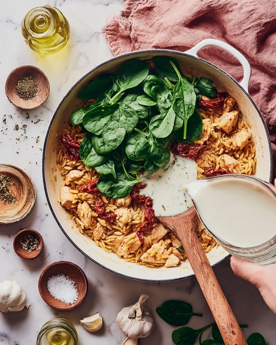 The image shows a white pan filled with a mixture of cooked orzo pasta, light brown chicken pieces, and red sun-dried tomatoes. On top of the mixture, there is a pile of fresh dark green spinach leaves. A woman's hand is pouring a white creamy sauce into the pan. A wooden spoon rests inside the pan, its light wood color contrasting with the food. The pan sits on a white marbled surface with a pink cloth underneath. Around the pan, there are small bowls holding white salt, black pepper, and dried herbs, as well as a jar of olive oil and some garlic cloves scattered nearby. photo taken with an iphone --ar 4:5 --v 7