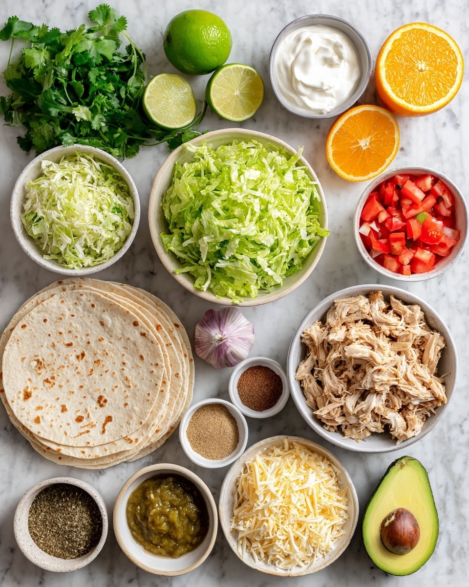 The image shows many ingredients for a chicken wrap on a white marbled surface. On the left, there are green fresh cilantro leaves, two lime halves, and a stack of whole wheat tortillas with a light brown color and subtle round patterns. Near the center are layers of bright green shredded lettuce in a bowl; shredded light brown chicken in a larger bowl; small white bowls containing chopped white onion, finely grated pale yellow pepper jack cheese, seasoned ground cumin, green chile pieces in sauce, and creamy white sour cream. Bright orange halves of navel orange are placed near the top. There is a whole garlic bulb with purple and white skin near the center. Diced red tomato is in a white bowl, and next to it is an avocado with half showing light green flesh and a dark pit. Small bowls hold mixed spices in white and floral containers. Everything is laid out clearly and neatly for building the wrap. photo taken with an iphone --ar 4:5 --v 7