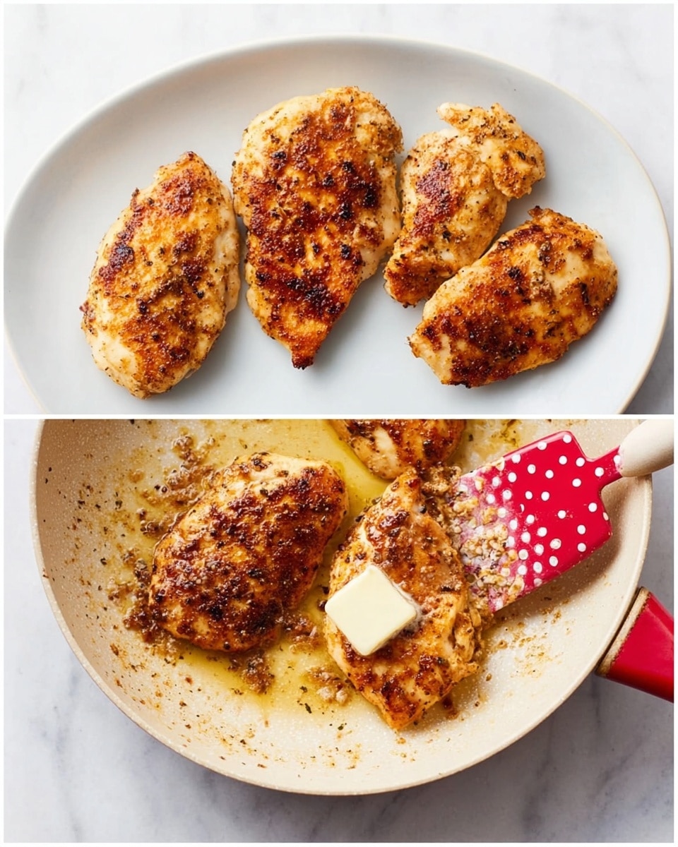 A round white plate with four pieces of cooked chicken arranged loosely, each piece showing a crispy golden-brown crust with darker brown specks of seasoning, the chicken textures vary slightly showing some rough and some smoother spots. Next to it, a light beige skillet shows browned bits stuck on the bottom with a small cube of creamy yellow butter melting in the center, a red spatula with large white polka dots rests on the skillet’s side. The surface under everything is a white marbled texture. Photo taken with an iphone --ar 4:5 --v 7