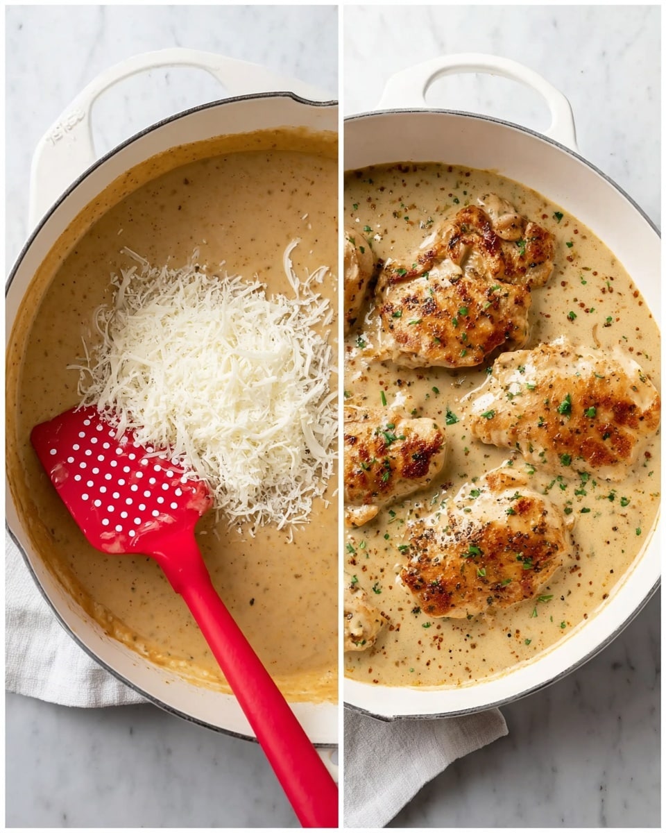 The image shows two views of a white cooking pot on a white marbled surface. On the left, there is a creamy light brown sauce with a grainy texture in the pot, with white grated cheese piled on one side. A bright red silicone spatula with white polka dots is resting in the sauce partly covered by the cheese. On the right, the same pot contains five pieces of browned cooked chicken partly covered with the same sauce, lightly speckled with black pepper and small green herb pieces sprinkled on top. The sauce looks smooth and thick, surrounding the chicken evenly. A white cloth napkin is partly visible under the pot. Photo taken with an iphone --ar 4:5 --v 7