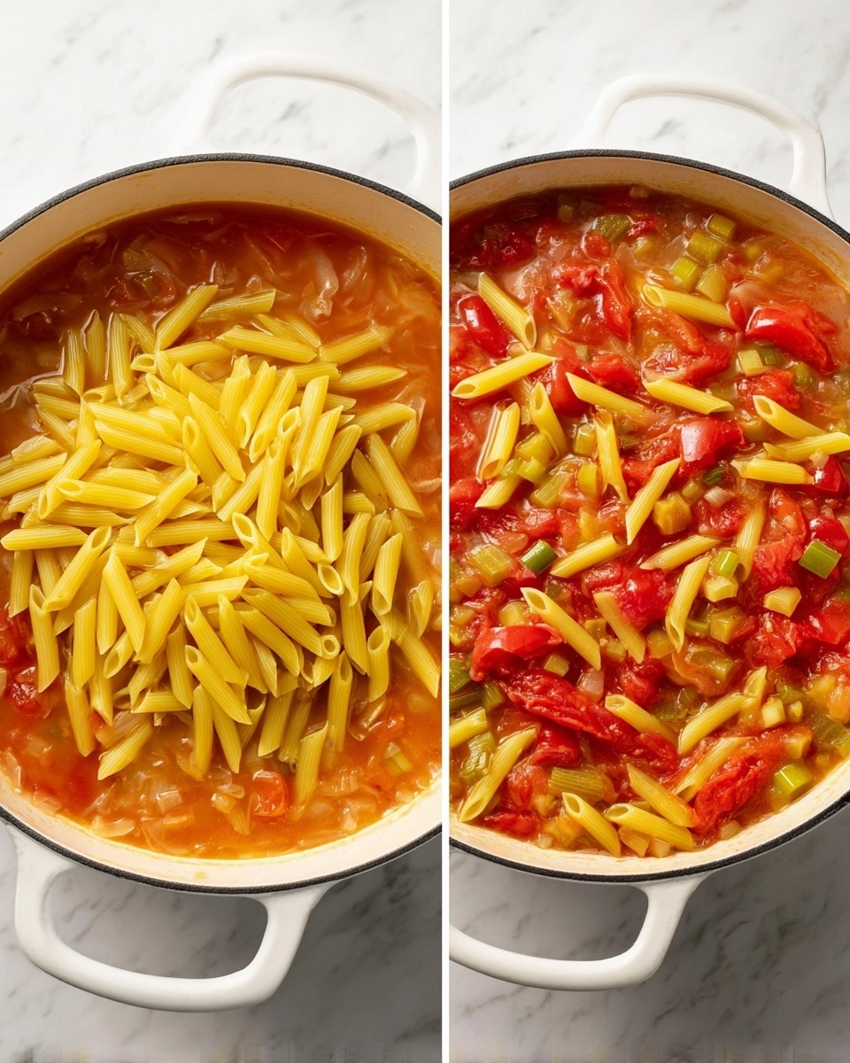 The image shows two white pots on a white marbled surface, each filled with a tomato-based soup. The pot on the left has two layers: the bottom layer is a light reddish broth with bits of onion and other vegetables, and the top layer is a mound of raw yellow penne pasta piled in the center. The pot on the right shows the same soup but with the pasta mixed in evenly among the red tomatoes, green celery pieces, and onion bits, creating a colorful and textured mix of yellow pasta and red and green vegetables. photo taken with an iphone --ar 4:5 --v 7