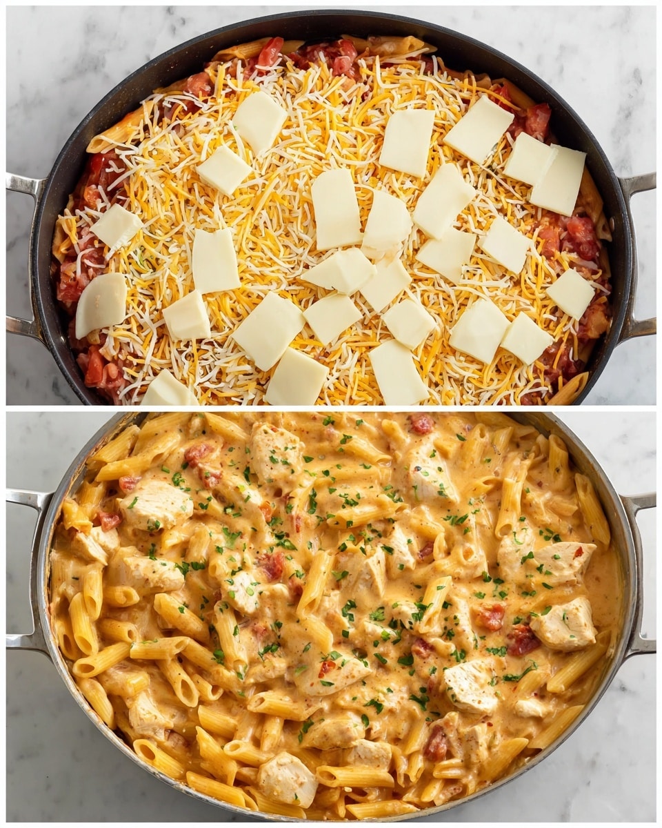 The first image shows a pan filled with layers of uncooked pasta covered with red sauce, topped with shredded yellow and white cheese and large white cheese cubes scattered evenly on top. The second image shows the same pan now filled with creamy orange-colored pasta mixed with chunks of white chicken and small bits of red tomato, garnished with chopped green herbs on top. The pan sits on a white marbled surface photo taken with an iphone --ar 4:5 --v 7