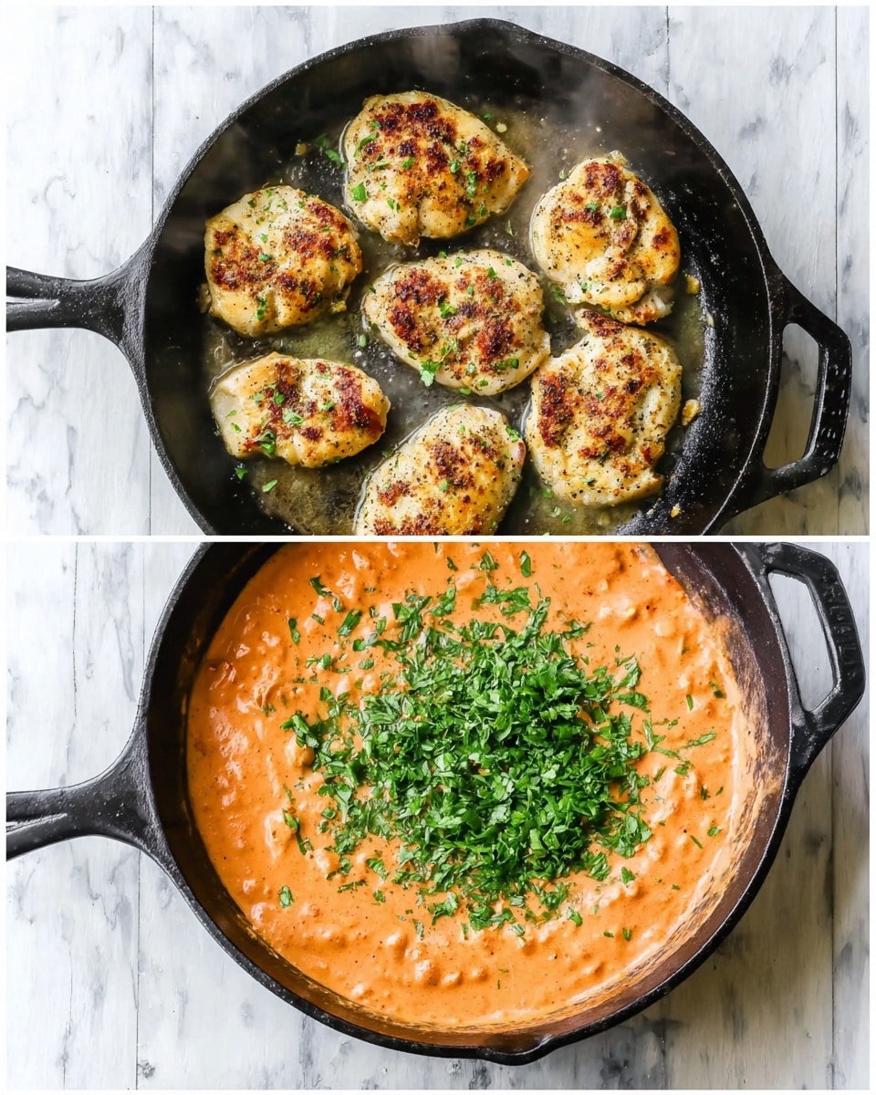 Two images show cooking stages in a black cast iron pan on a white marbled surface. The first image has six golden brown cooked chicken pieces with a light pepper coating, arranged evenly in the pan, with some steam rising. The second image shows the pan filled with a thick, creamy orange sauce covered with chopped bright green herbs spread in the center. Both photos are taken from top view, the pan handle is visible, photo taken with an iphone --ar 4:5 --v 7
