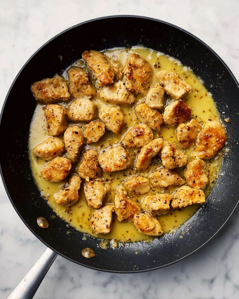 A black frying pan sits on a white marbled surface, filled with about twenty golden-brown pieces of cooked chicken evenly spread in a circle and center. The chicken pieces are coated in a light yellow sauce that pools around the pan, with some areas showing a slight bubbling texture. The chicken looks tender and lightly seasoned, with small dark specks of pepper visible on the surface. The pan handle extends out to the left side. photo taken with an iphone --ar 4:5 --v 7