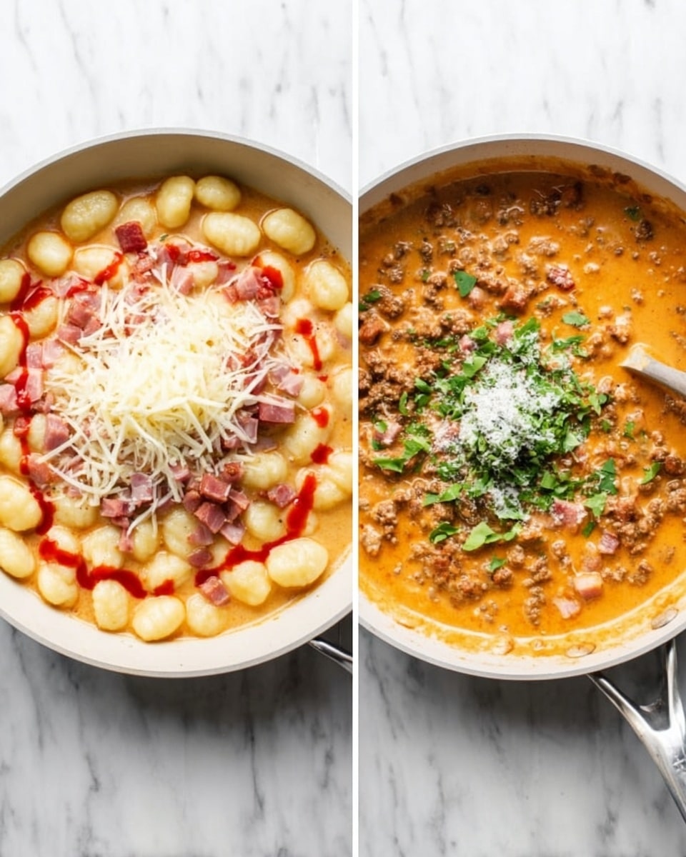 Two side-by-side images of a white frying pan on a white marbled surface holding a creamy gnocchi dish. On the left, the pan contains a base layer of small gnocchi with an orange creamy sauce, topped with shredded cheese, diced ham, and a drizzle of red sauce. On the right, the same pan shows the dish stirred with a thick orange sauce covering the gnocchi, ground meat mixed throughout, and a garnish of chopped green herbs and a sprinkle of grated cheese in the center. Photo taken with an iphone --ar 4:5 --v 7