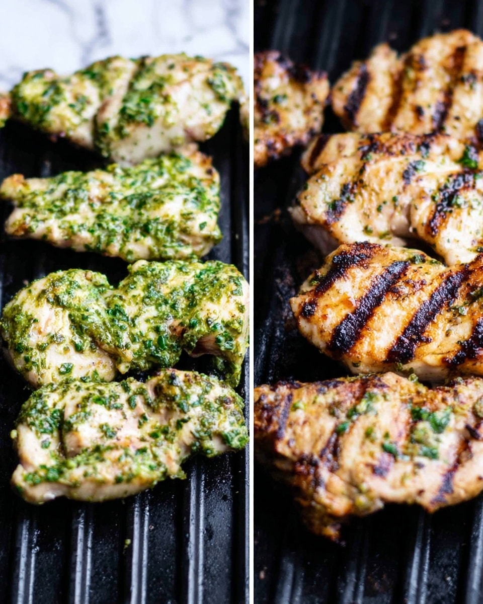 The image shows two close-up views of chicken pieces on a black grill. On the left side, there are three raw chicken pieces covered with green herb marinade, displaying a moist and uneven texture that looks fresh and ready to cook. On the right side, three chicken pieces are cooked, showing light brown and golden grill marks with slight charred spots and the green herb marinade still visible underneath the golden surface. The grill bars underneath are clearly visible with a matte black finish. The background is a white marbled texture. photo taken with an iphone --ar 4:5 --v 7