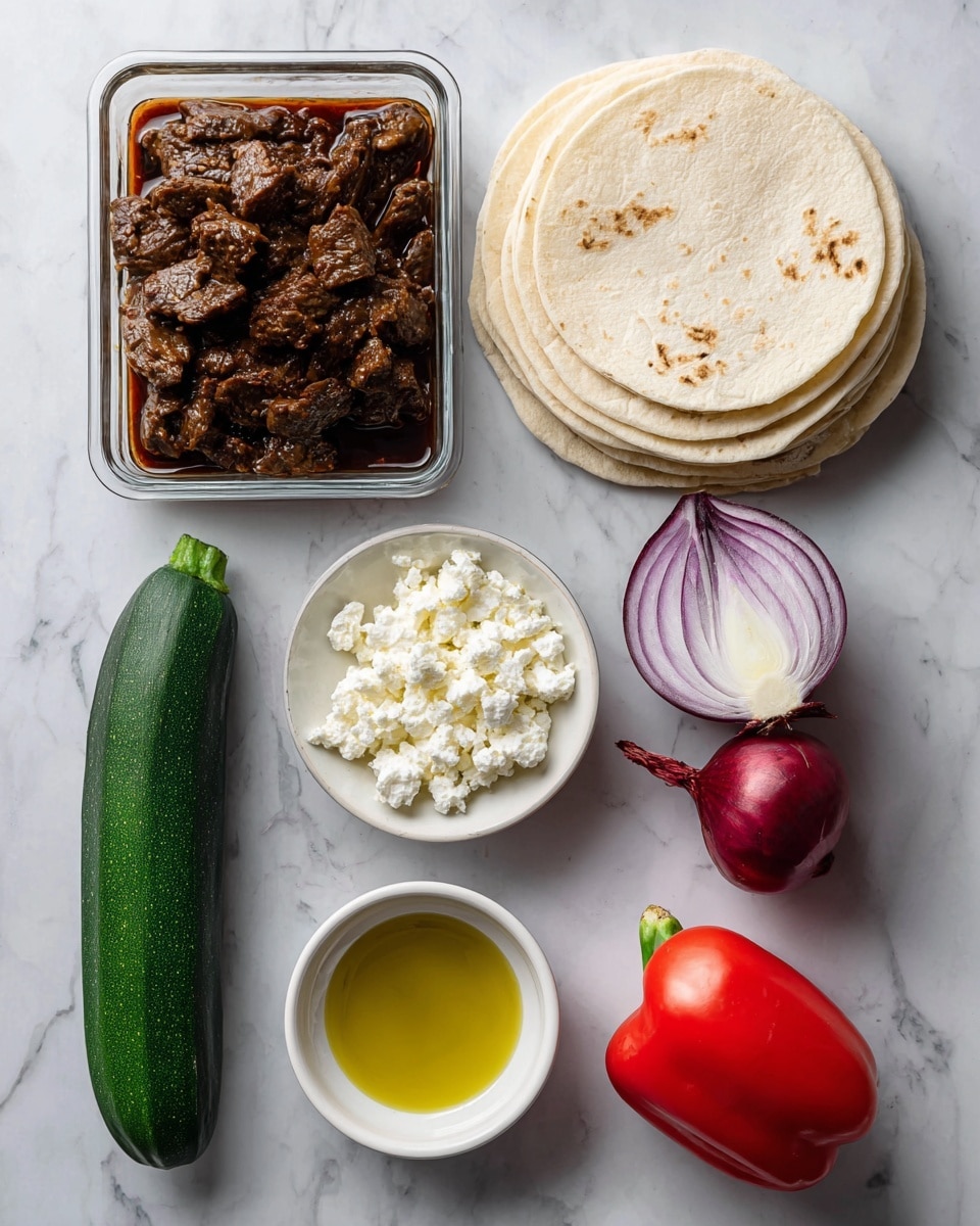A white marbled surface holds several ingredients neatly arranged. At the top left is a clear rectangular glass container filled with dark brown honey garlic beef. To its right, there is a stack of light beige tortillas shaped in a neat circle. Below the beef, a dark green smooth zucchini is placed vertically. Next to the zucchini, a small white bowl contains creamy white feta cheese crumbles. To the right of the feta, a red bell pepper sits whole with a smooth shiny skin. Below that, a small white bowl is filled with shiny golden olive oil. To the left of the olive oil, there is half a red onion showing its purple and white layers with a smooth texture. Lastly, a small bright red tomato with a smooth round shape is placed at the bottom right. Photo taken with an iphone --ar 4:5 --v 7