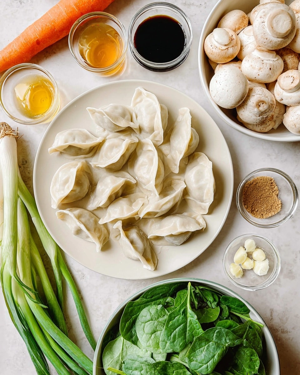 The image shows a plate full of raw dumplings, which are white and slightly folded with a soft texture, placed in the middle. To the top right, there is a white bowl filled with whole white mushrooms that have light brown spots. At the bottom right, a white bowl is filled with fresh, green spinach leaves with smooth surfaces. Around the plate, there are small clear bowls containing light yellow garlic cloves, white salt, light brown minced ginger, and dark soy sauce, with a small white bowl of golden honey above. On the left side, there are fresh green onions and an orange carrot laid out horizontally on a white marbled surface. Photo taken with an iphone --ar 4:5 --v 7