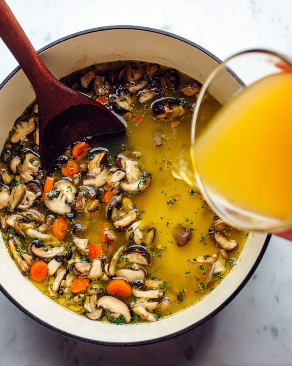A white pot with black rim containing a mixture of light brown mushroom pieces, small orange carrot chunks, and bits of green herbs floating in a clear yellow broth. A dark wooden spoon rests inside the pot, partially submerged. On the right side, a yellow liquid is being poured into the pot from a glass container, with a woman's hand holding it partially visible. The pot sits on a white marbled surface. photo taken with an iphone --ar 4:5 --v 7