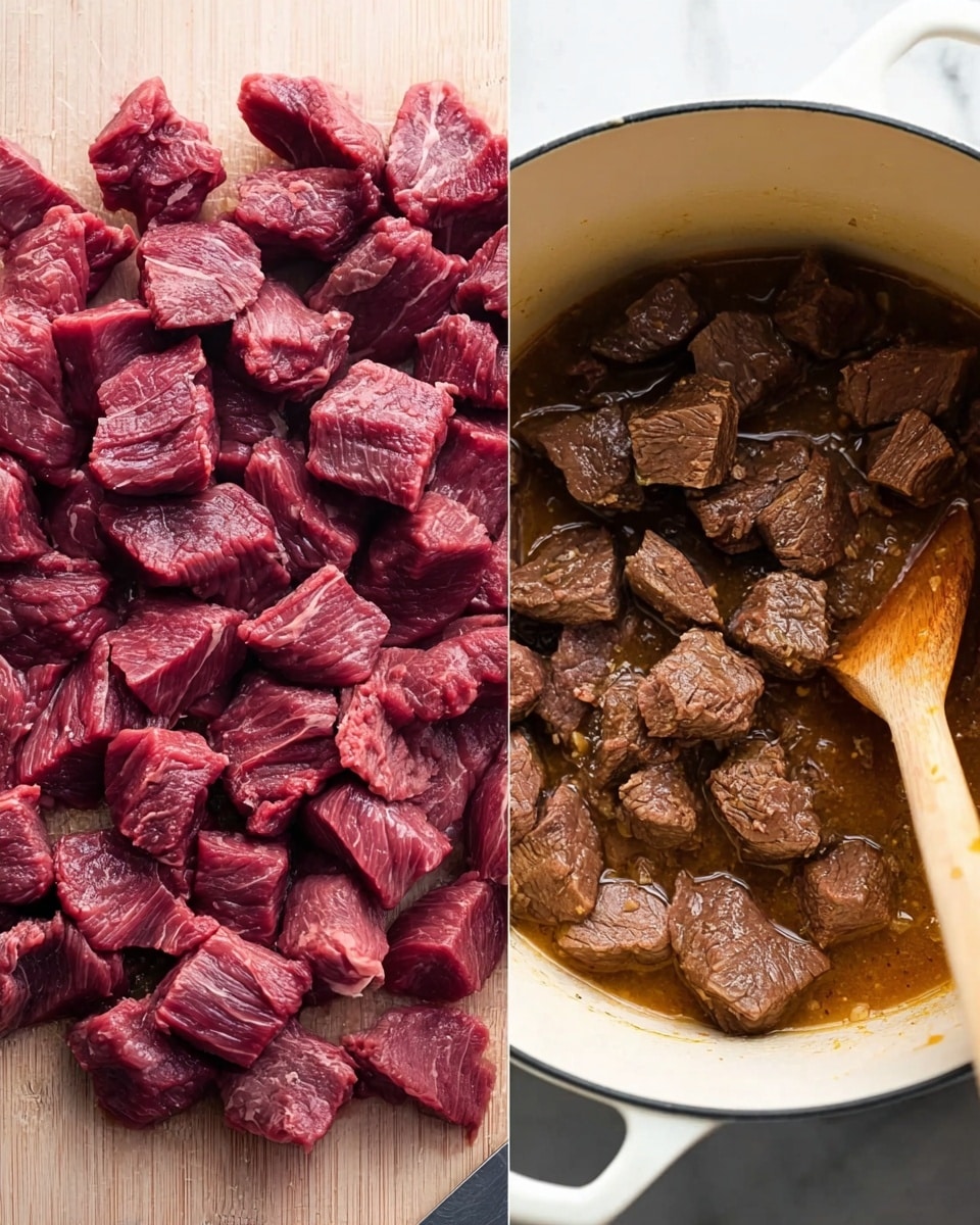 The image shows two stages of cooking beef chunks placed side by side. On the left side, there are many raw beef chunks with a deep red color and slight white marbling, resting on a light cutting board with a knife beneath some pieces at the bottom edge. On the right side, the beef chunks are cooked to a brown color, sitting inside a white pot, with some liquid at the bottom and a wooden spoon stirring the beef from the right side of the pot. The background visible around the pot is a white marbled texture. photo taken with an iphone --ar 4:5 --v 7
