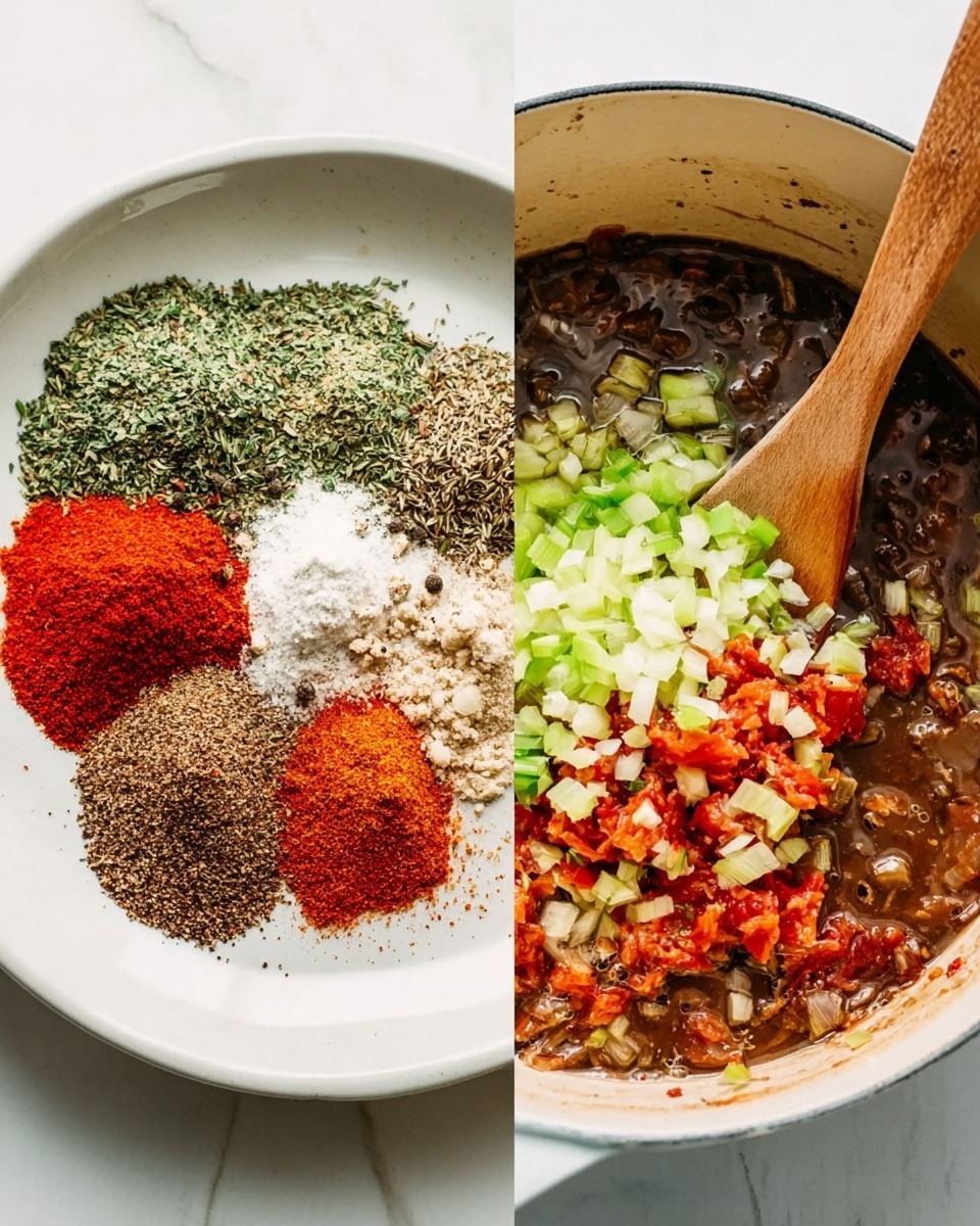 On the left, there is a white plate on a white marbled surface holding five piles of dry spices arranged close to each other: green dried herb flakes, caraway seeds, bright red chili powder, white salt, and dark brown powdered spice, with a wooden spoon handle visible in the background. On the right, there is a white pot filled with a dark brown liquid soup base, topped with layers of chopped ingredients including light green celery, diced pale yellow garlic, red tomatoes, and some green herbs, all being stirred by a wooden spoon standing upright inside the pot. The photo taken with an iphone --ar 4:5 --v 7