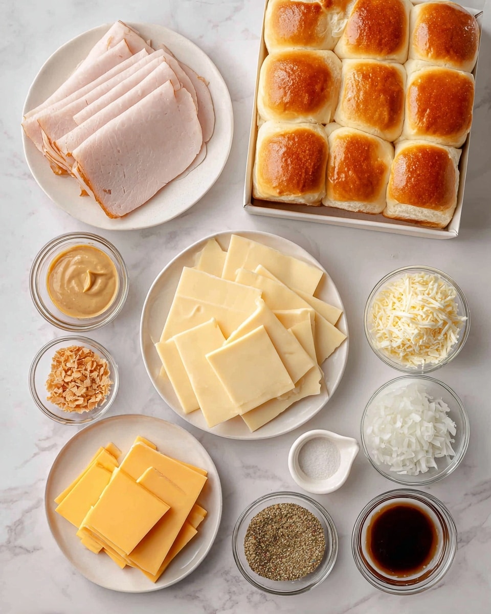 The image shows a flat lay of several ingredients arranged neatly on a white marbled surface. In the top right corner, there is a box with nine golden brown Hawaiian rolls, soft and slightly shiny on top. Below to the left, a white plate holds several thin, pale pink slices of turkey. Next to it on the right, a white plate is filled with many square slices of light yellow cheese with tiny holes. Around these plates are small clear glass bowls containing different ingredients: one with creamy light brown Dijon mustard, one with light brown granulated brown sugar, a small amount of dried onion crisp in one bowl, salt in another bowl, and a mix of everything bagel seasoning with sesame seeds and spices. Additionally, there is a small pitcher with melted butter and a small bowl of dark Worcestershire sauce. The ingredients are spread out with some space between them, giving a clean and organized look. photo taken with an iphone --ar 4:5 --v 7
