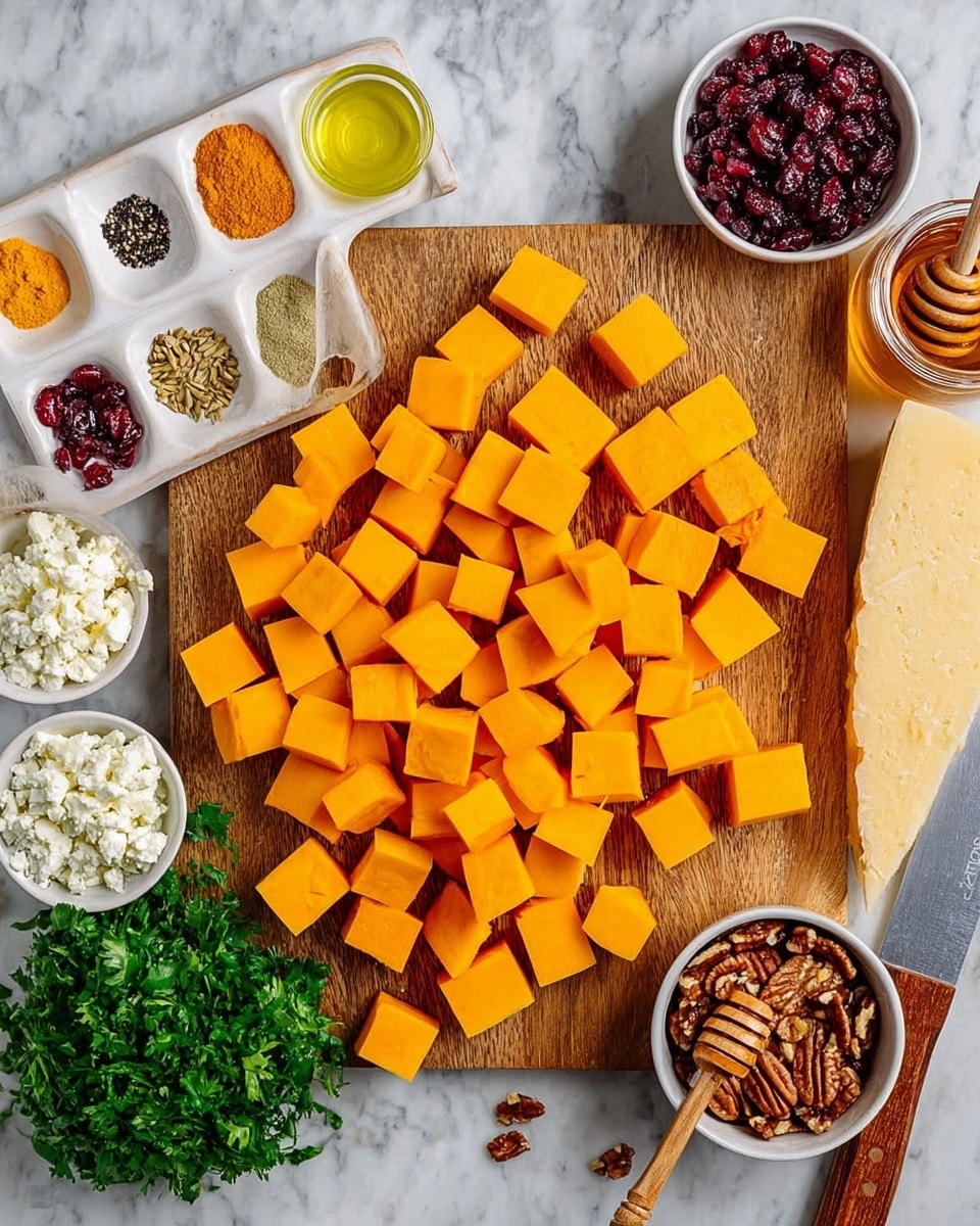 A wooden cutting board is covered with many cubes of bright orange butternut squash spread out in the center. Around the cutting board, there are small white bowls holding various ingredients: fresh green parsley leaves on the lower left, white crumbly cheese above it, chopped brown pecans on the upper middle, and dark red dried cranberries to the upper right. Also, a white dish with divided sections contains different spices including red, black, and yellow spices on the top left. A small glass bowl with light yellow olive oil is placed near the pecans. To the far right, there is a jar of honey with a wooden dipper resting inside. A knife with a wooden handle lies on the right side of the cutting board. The surface under the board is white marbled. photo taken with an iphone --ar 4:5 --v 7