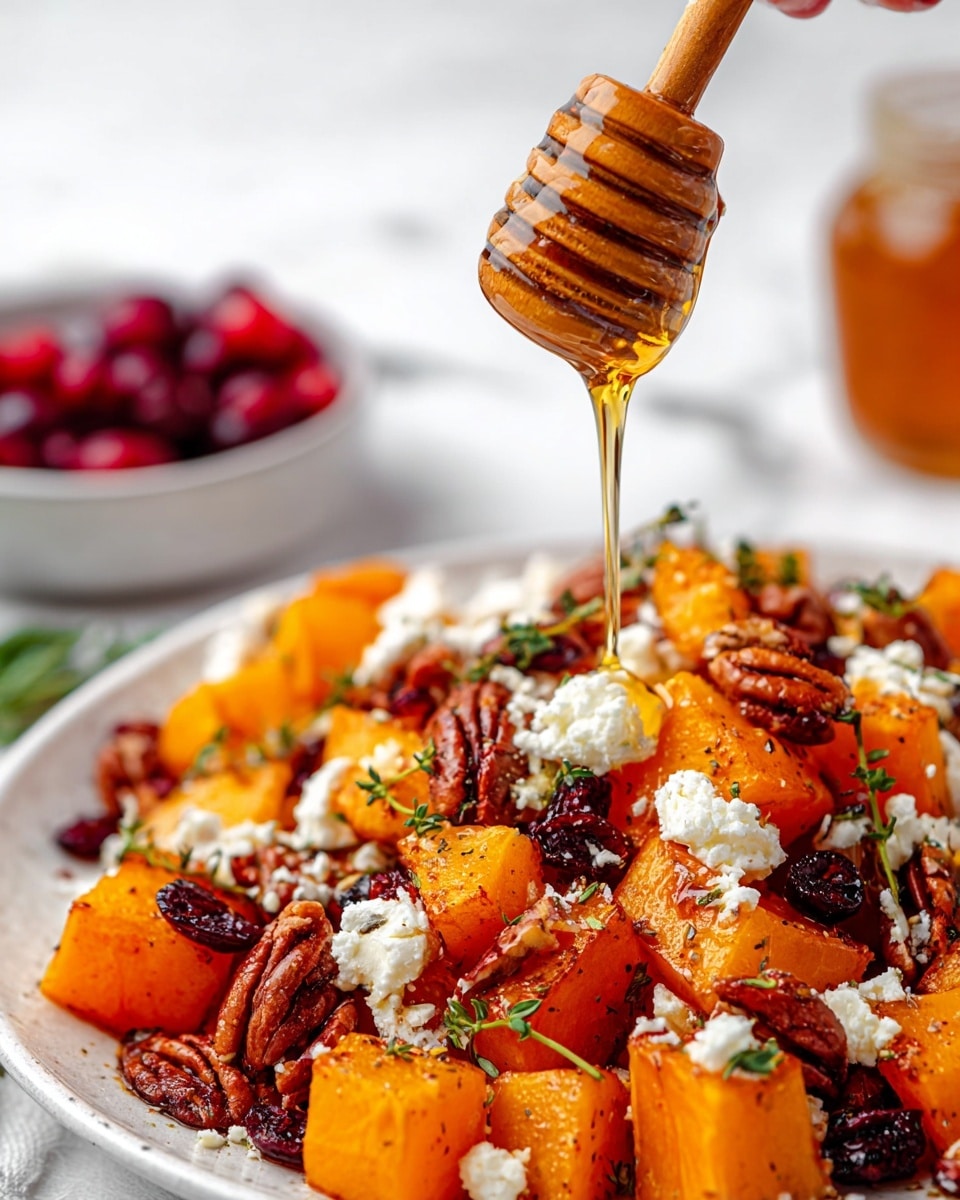 The image shows a close-up of a white plate filled with roasted orange chunks of butternut squash as the base layer, mixed with pieces of white crumbled cheese and brown pecan halves scattered on top. Small dark red dried cranberries add color contrast all over the dish. A woman's hand is holding a wooden honey dipper pouring golden honey onto the center piece of butternut squash. Small fresh green herb leaves are sprinkled across the dish. The background has a white marbled texture with a blurred white bowl of cranberries and a jar of honey in soft focus. Photo taken with an iphone --ar 4:5 --v 7